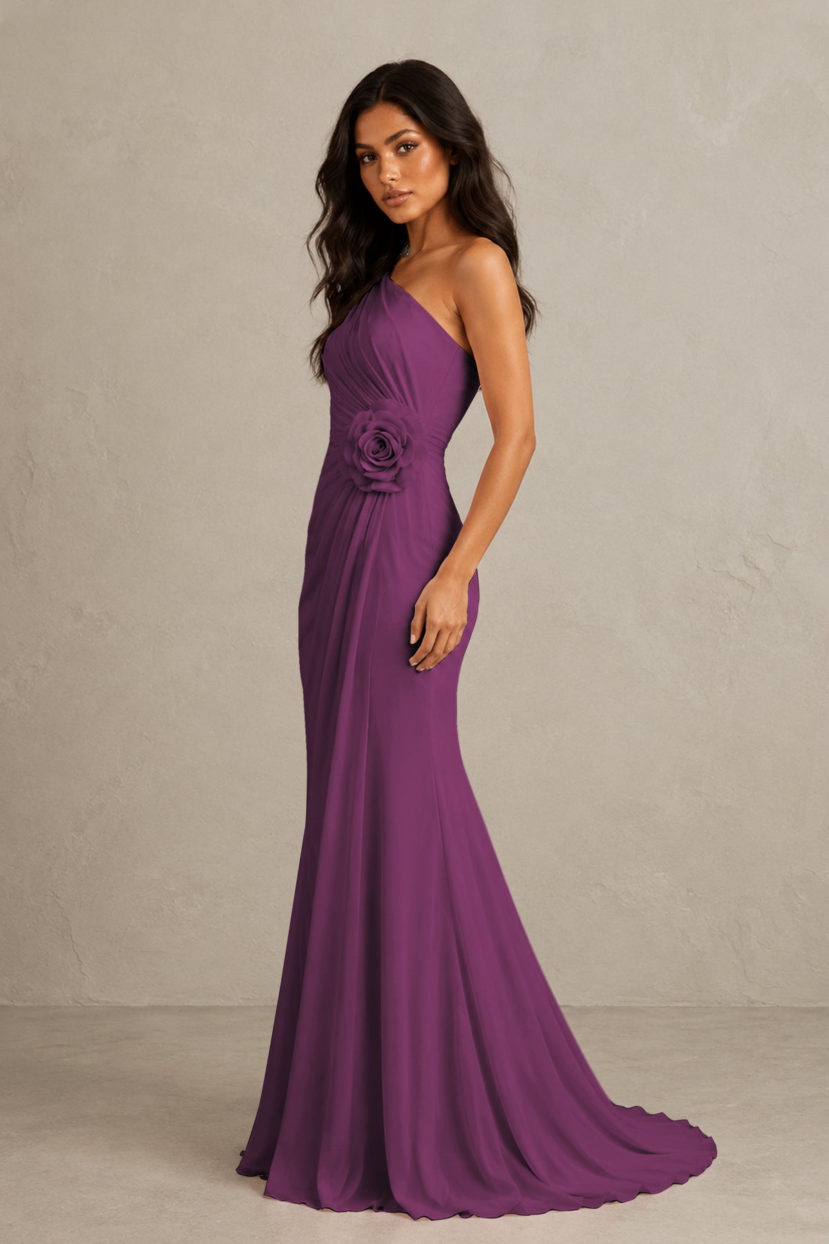 BOLODOO Plum One-Shoulder Floral Ruched Maxi Dress - Plum