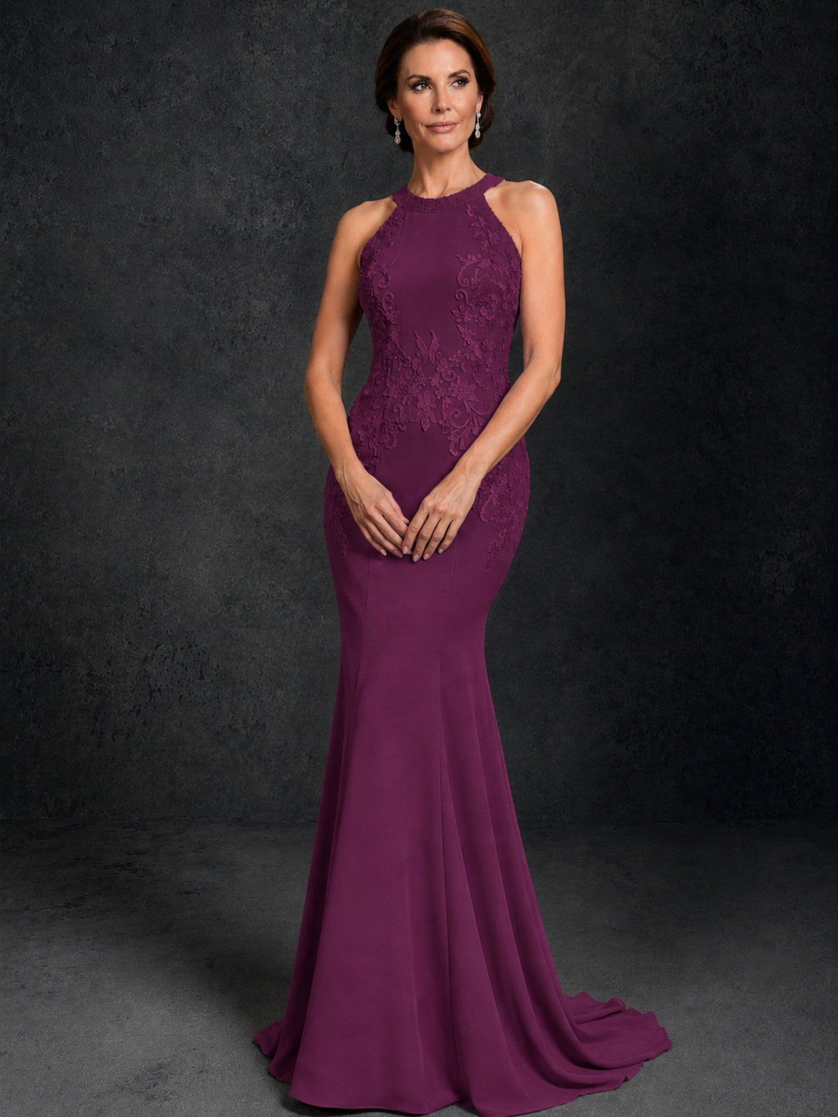 BOLODOO Plum Lace Applique Halter Neck Sheer Back Mermaid Maxi Dress with Sweep Train - Plum