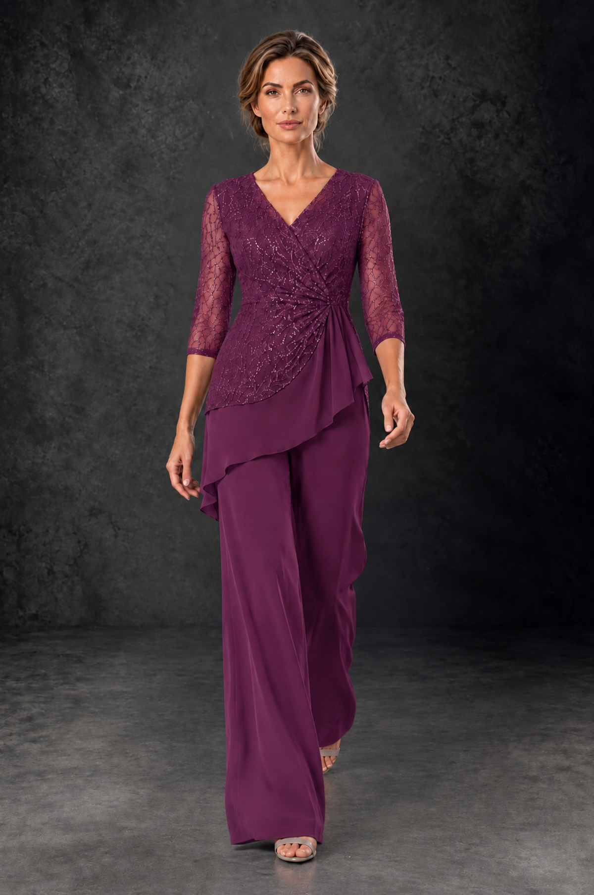 BOLODOO Plum Sequin Lace 3/4 Sleeve Chiffon Mother of the Bride Pant Suit - Plum - Plum_4