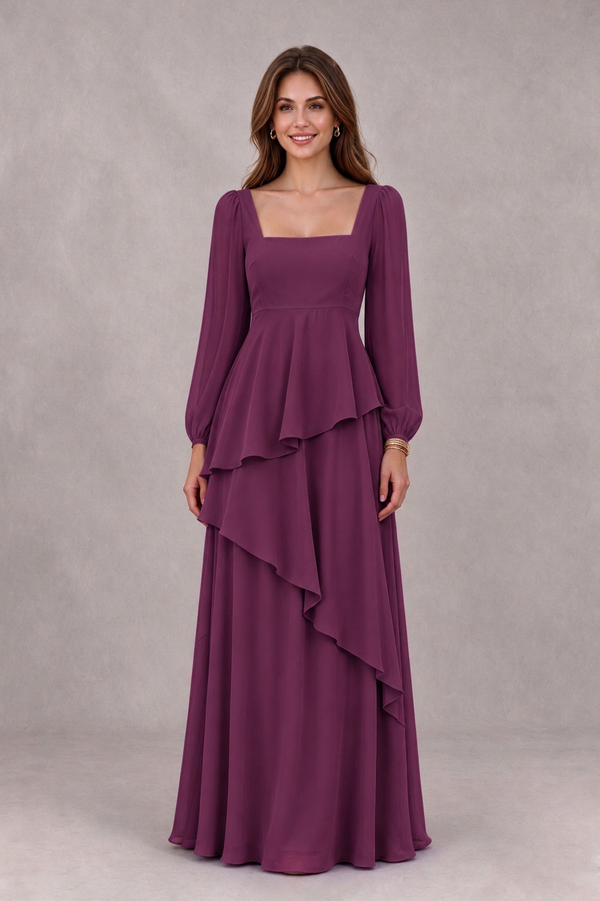 BOLODOO Plum Long Sleeve Ruffle Bridesmaid Dresses - Plum - Plum_4