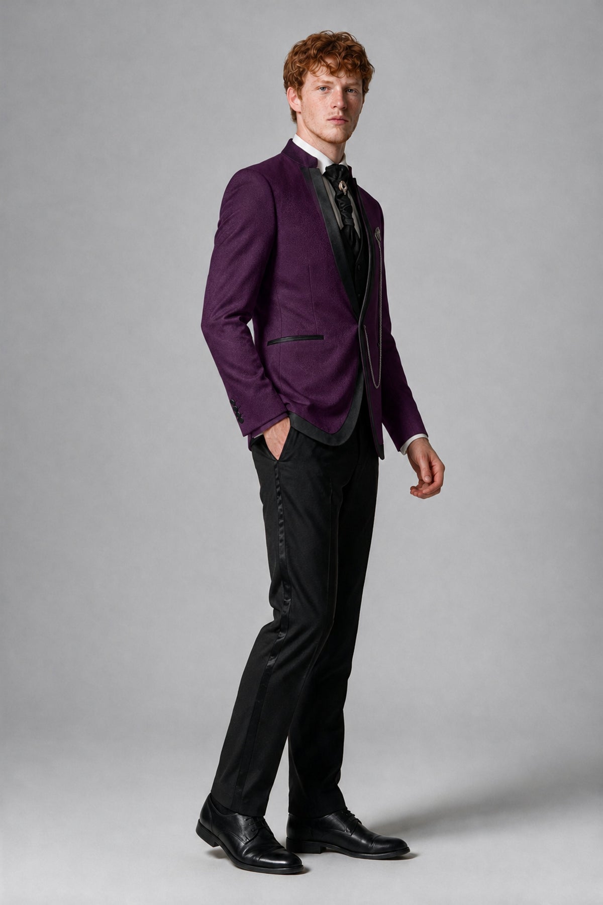 Bolodoo Men's Plum 3-Piece Shawl Lapel Tuxedo Suit with Vest - Plum - Plum_4