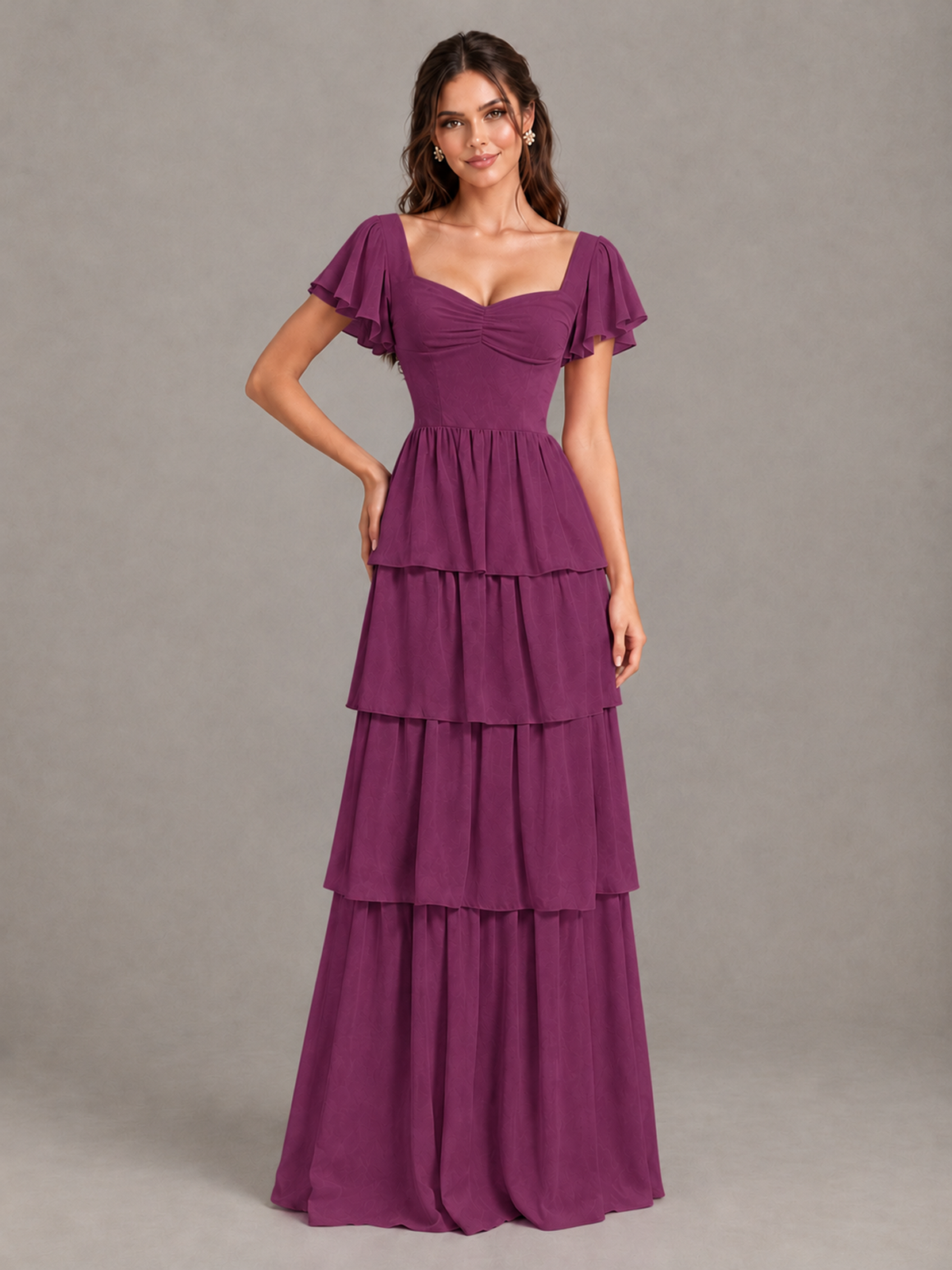BOLODOO Plum Flutter Sleeve Tiered Maxi Bridesmaid Dress - Plum - Plum_4