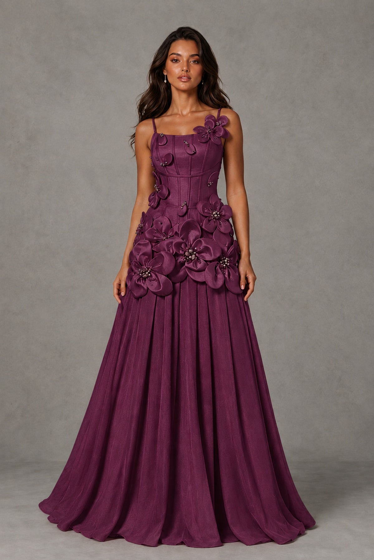 BOLODOO Plum 3D Floral Appliqué Floor-Length A-Line Evening Gown - Plum