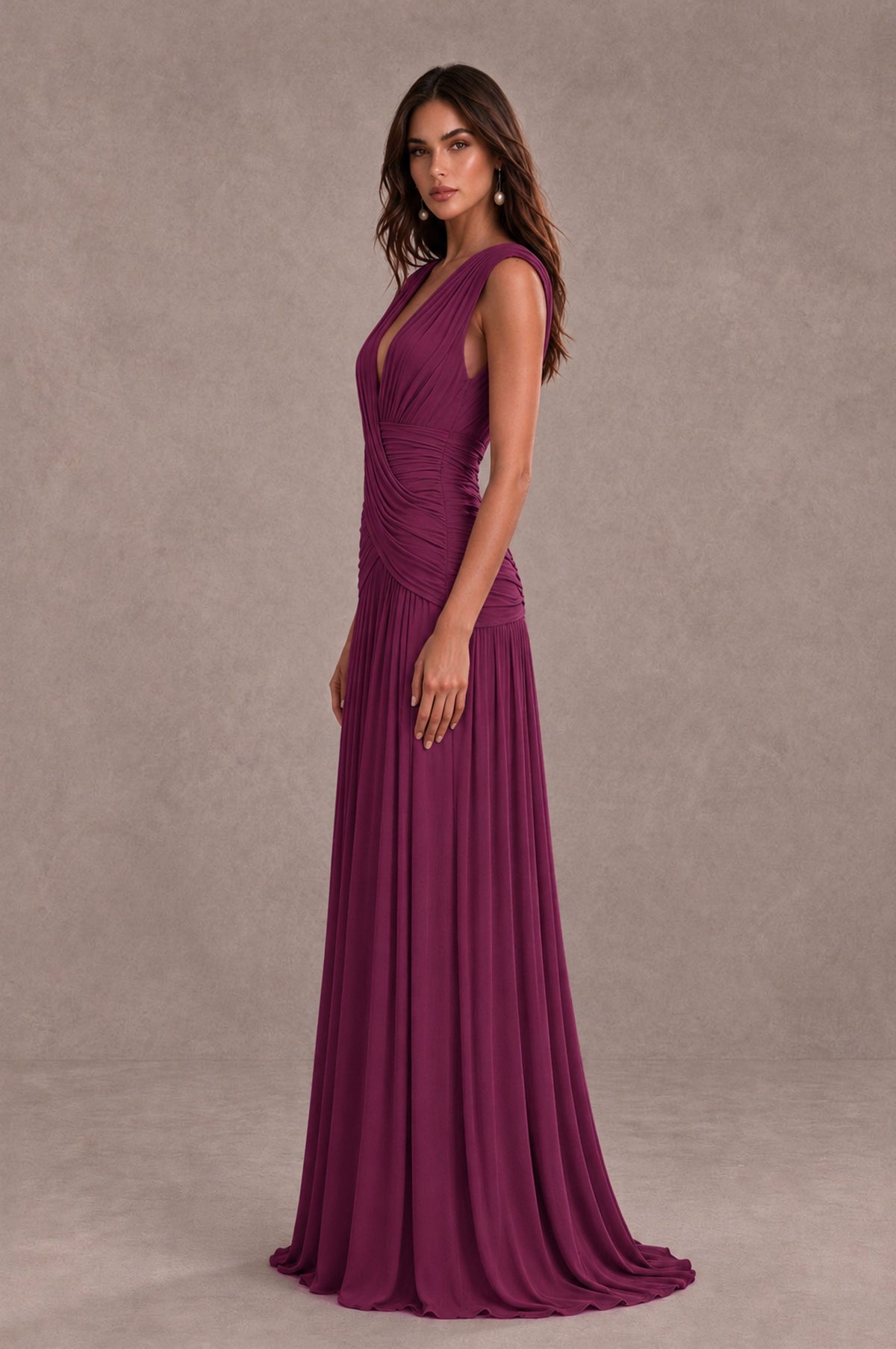 BOLODOO Plum V-Neck Ruched Wedding Guest Dress - Plum - Plum_4