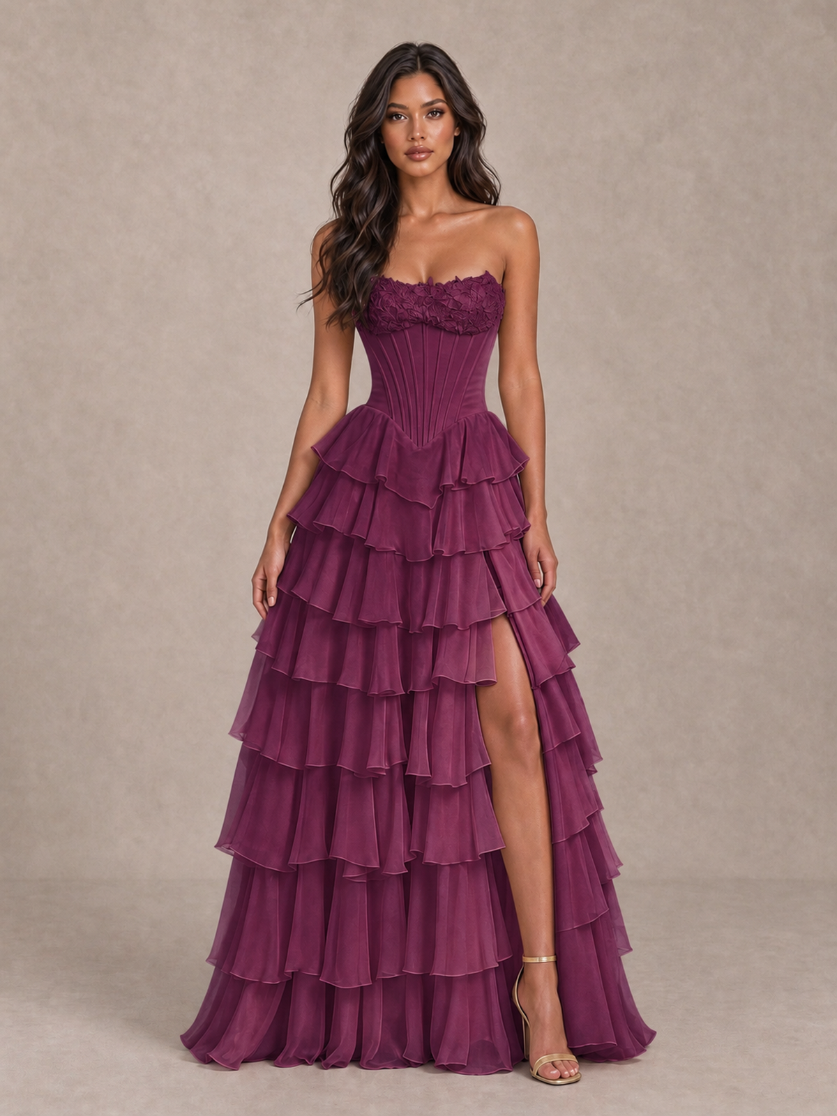 BOLODOO Plum Strapless Corset Tiered Ruffle Prom Dress with High Slit - Plum - Plum_4