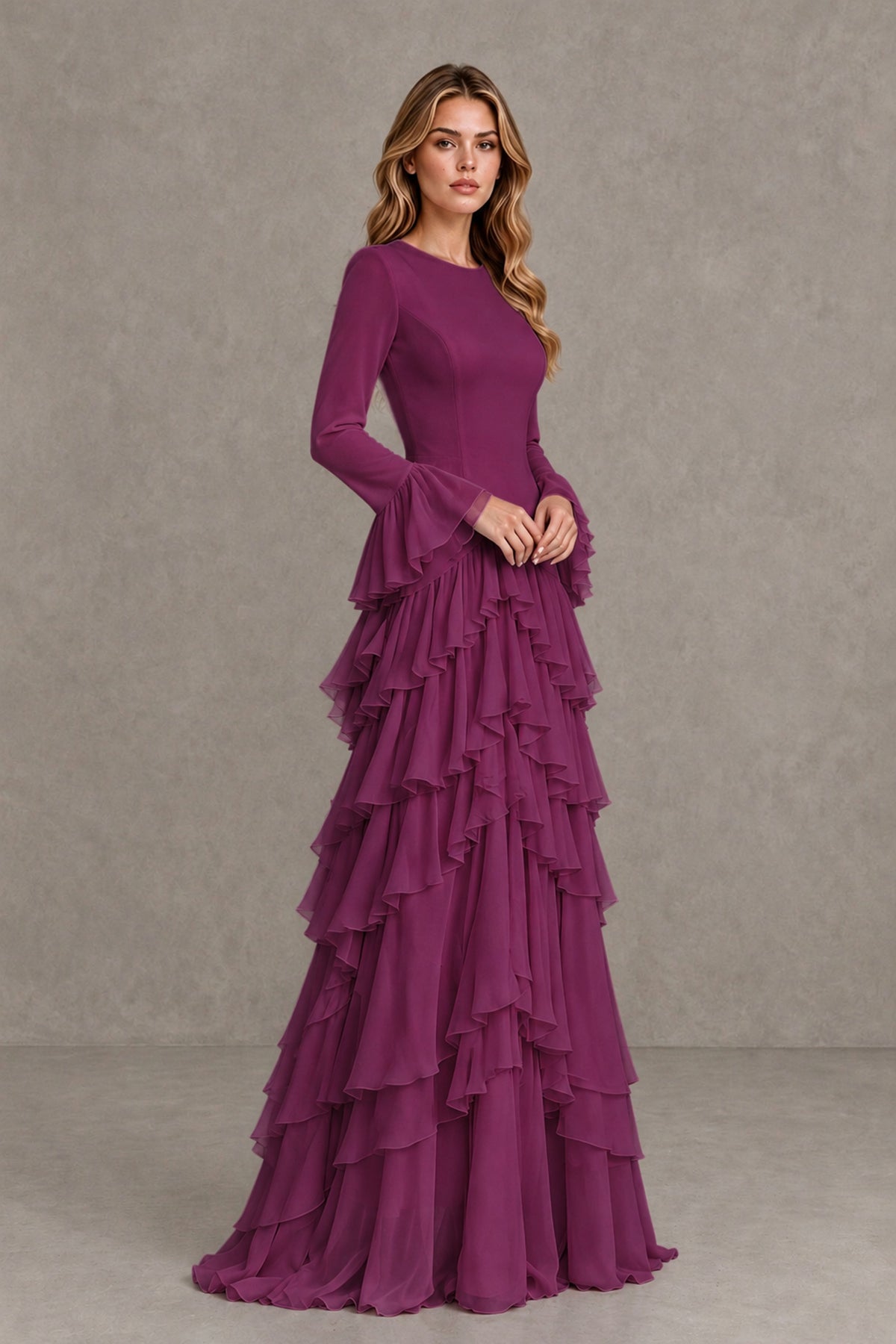 Plum Long Sleeve Tiered Ruffle Evening Gown - Plum - Plum_4