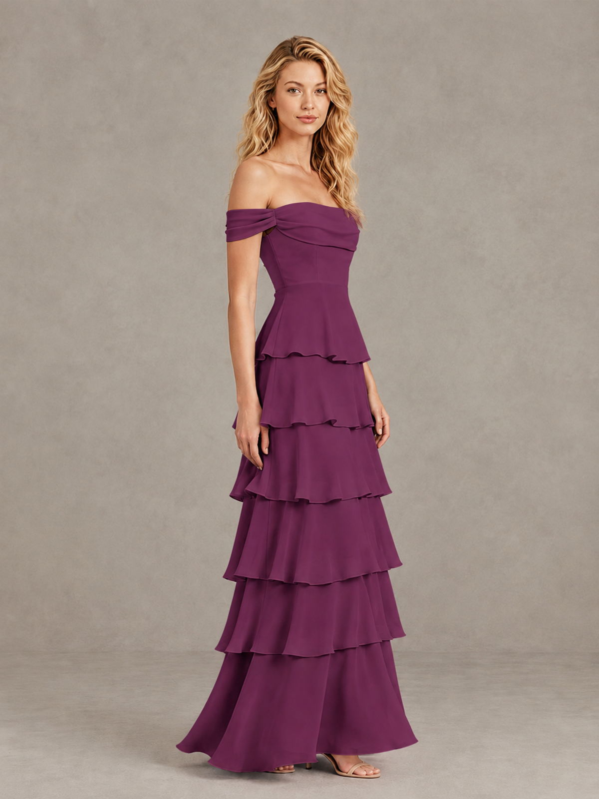 BOLODOO Plum Off-Shoulder Tiered Ruffle Bridesmaid Dress with Lace-Up Back - Plum - Plum_4