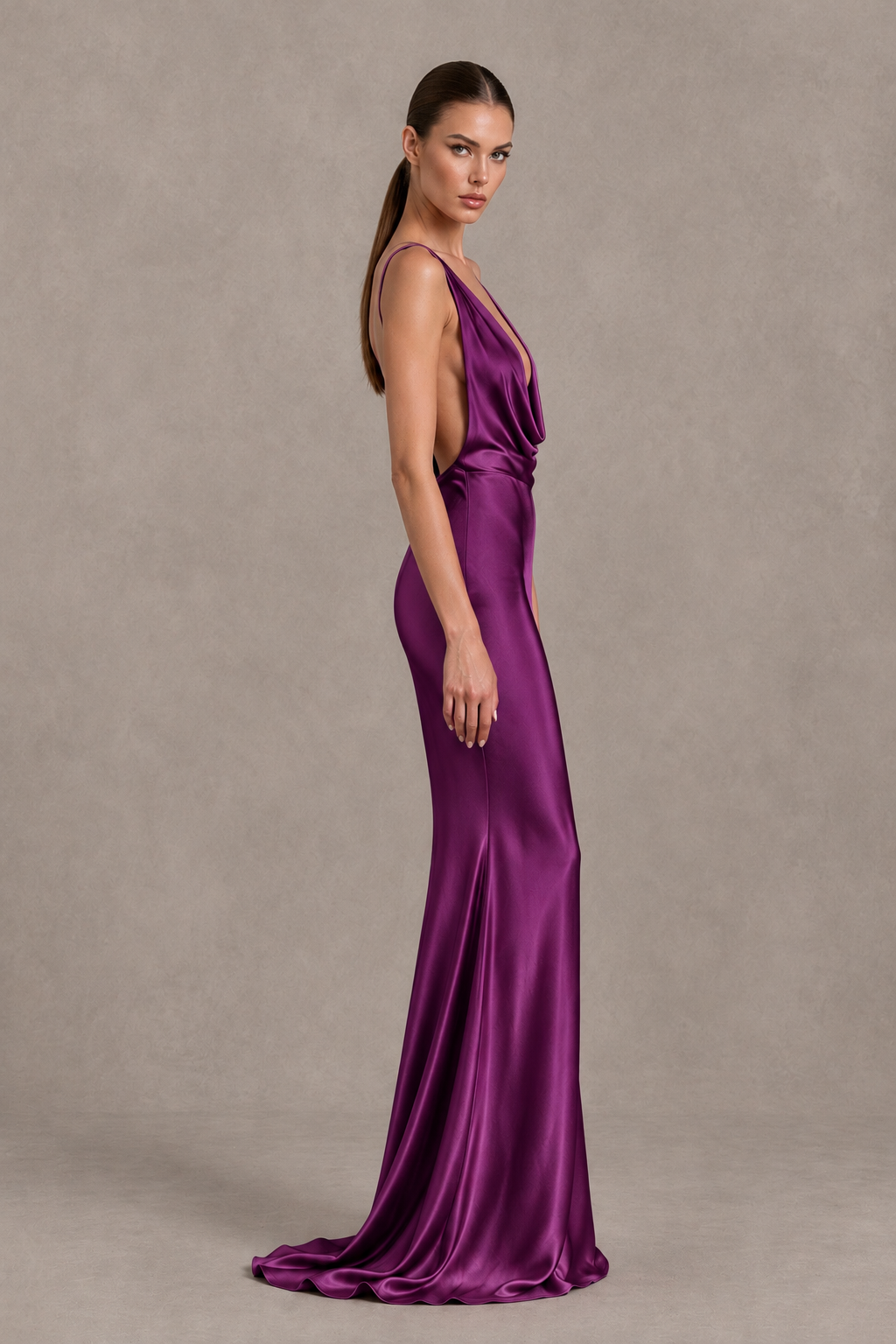BOLODOO Plum Cowl Neck Backless Satin Mermaid Evening Dress - Plum - Plum_4