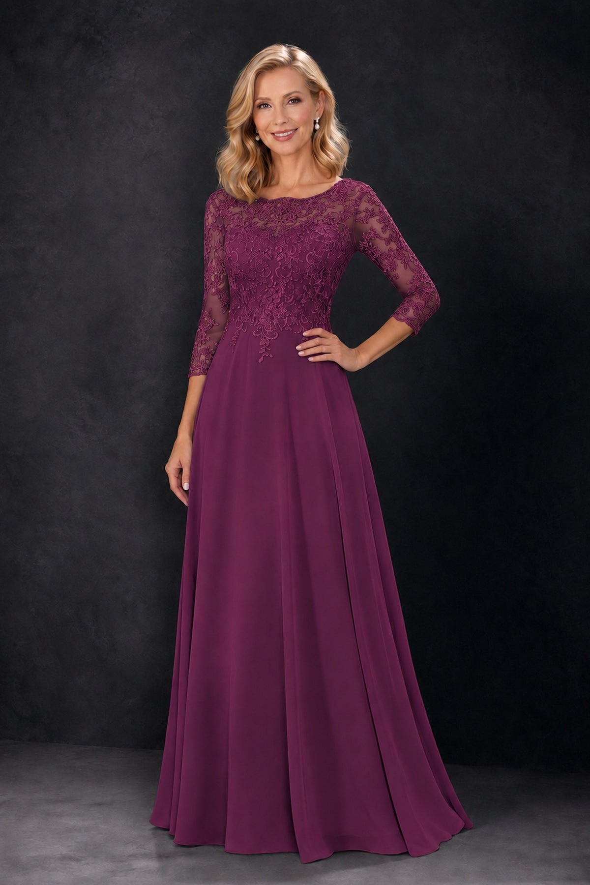 BOLODOO Plum Lace Embroidered Mother of the Bride Dress with 3/4 Sleeves - Plum