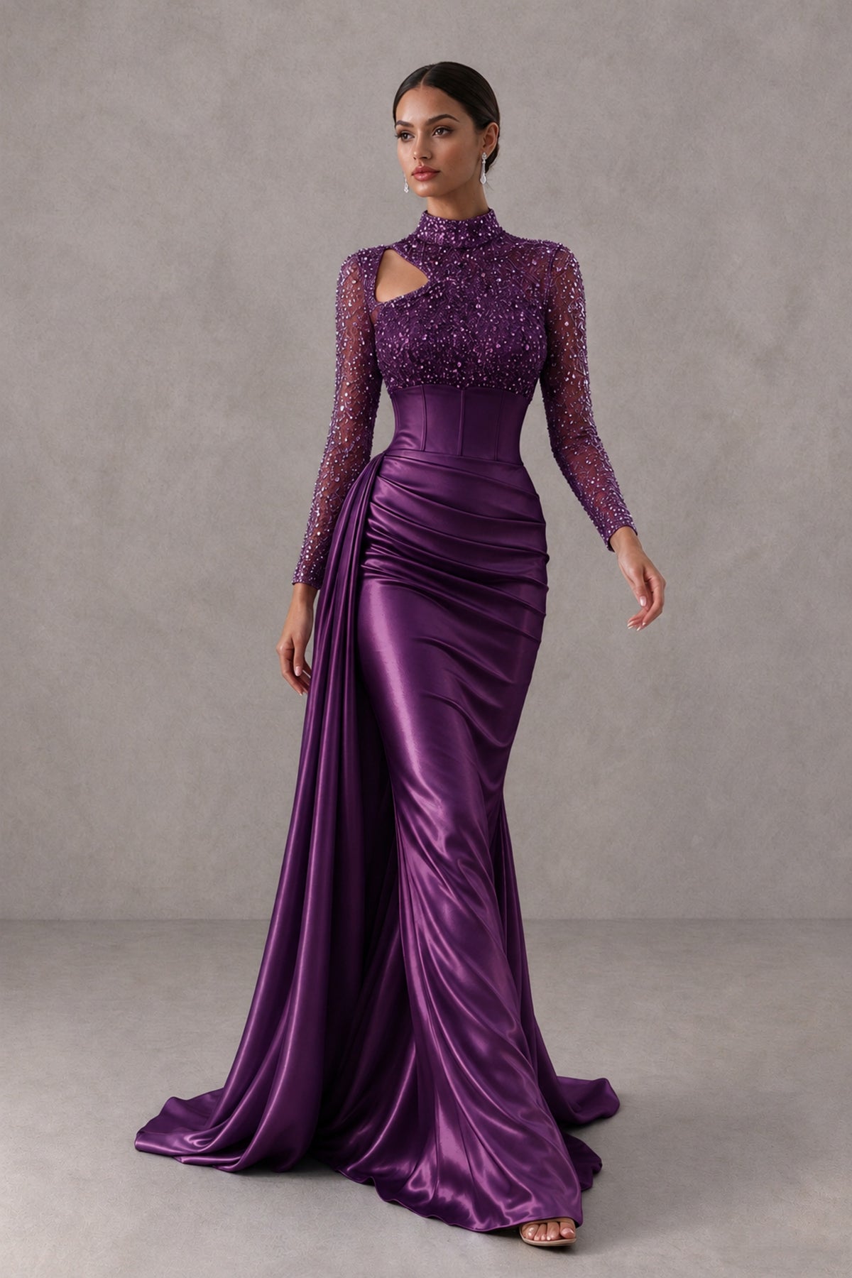 BOLODOO Plum Long Sleeve Embellished Satin Mermaid Evening Gown - Plum - Plum_4