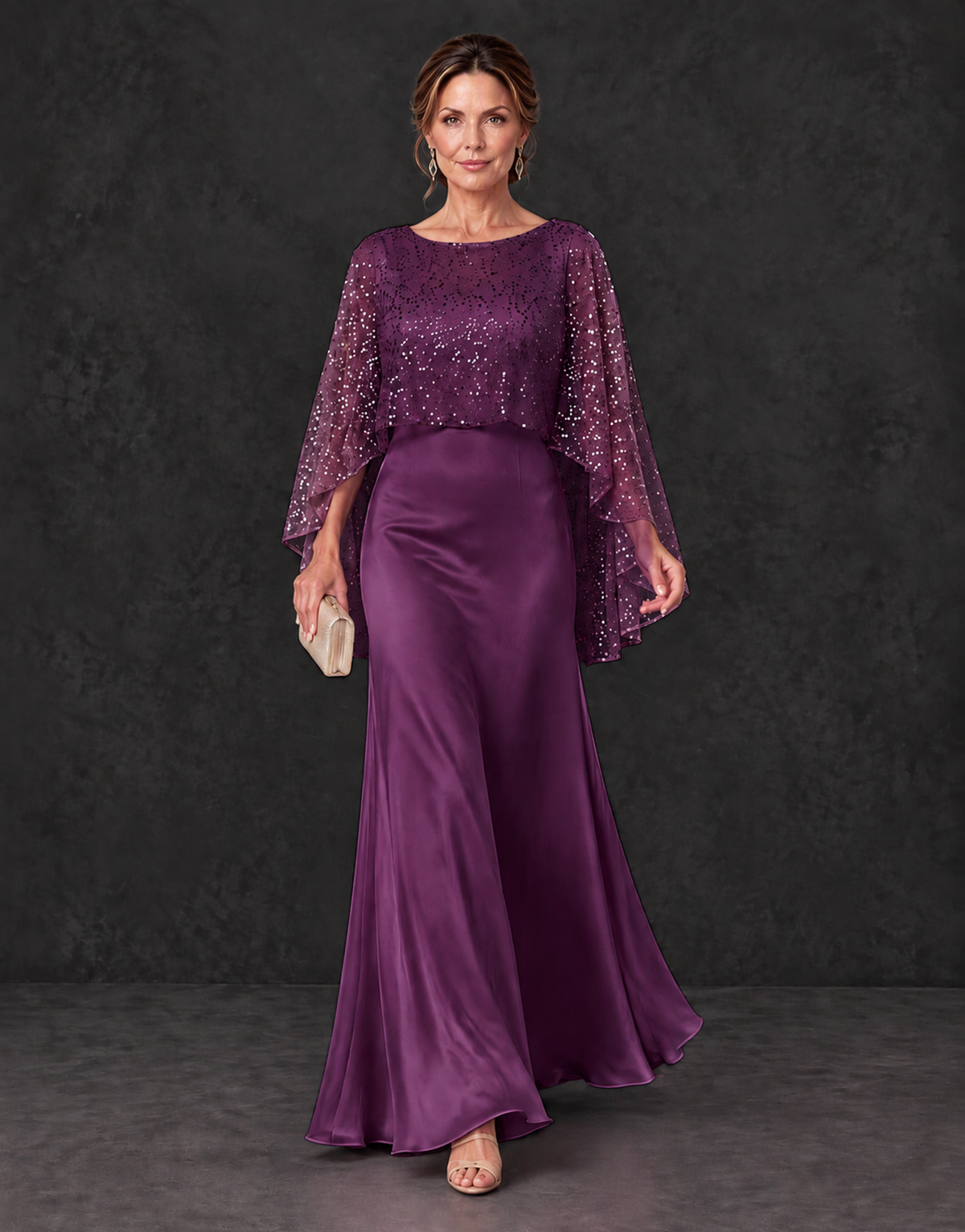 BOLODOO Plum Sparkle Cape Sleeve Mother of the Bride Dress - Plum - Plum_4