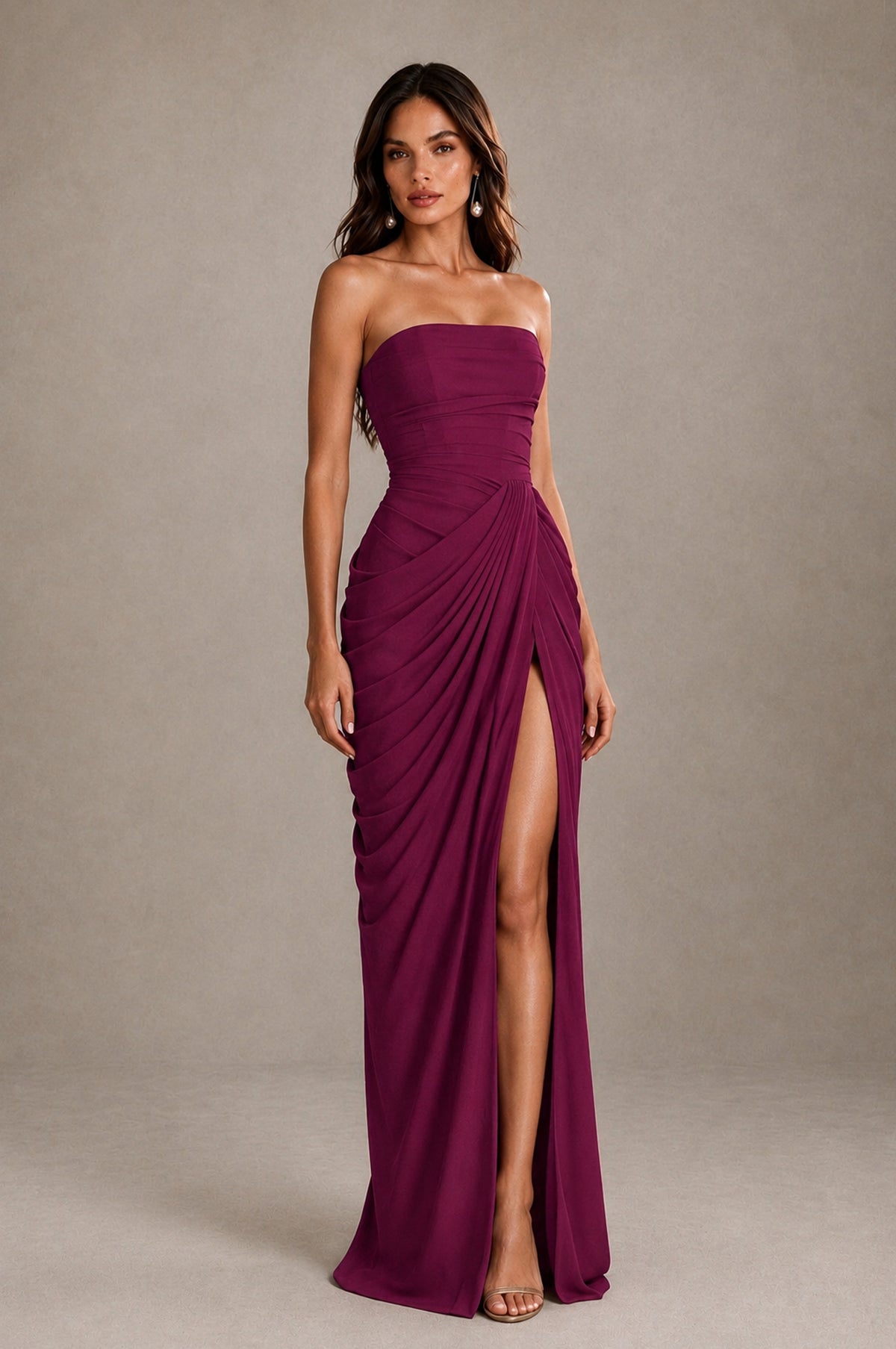 BOLODOO Strapless Draped Maxi Dress - Plum Backless Evening Gown with High Slit - Plum - Plum_4
