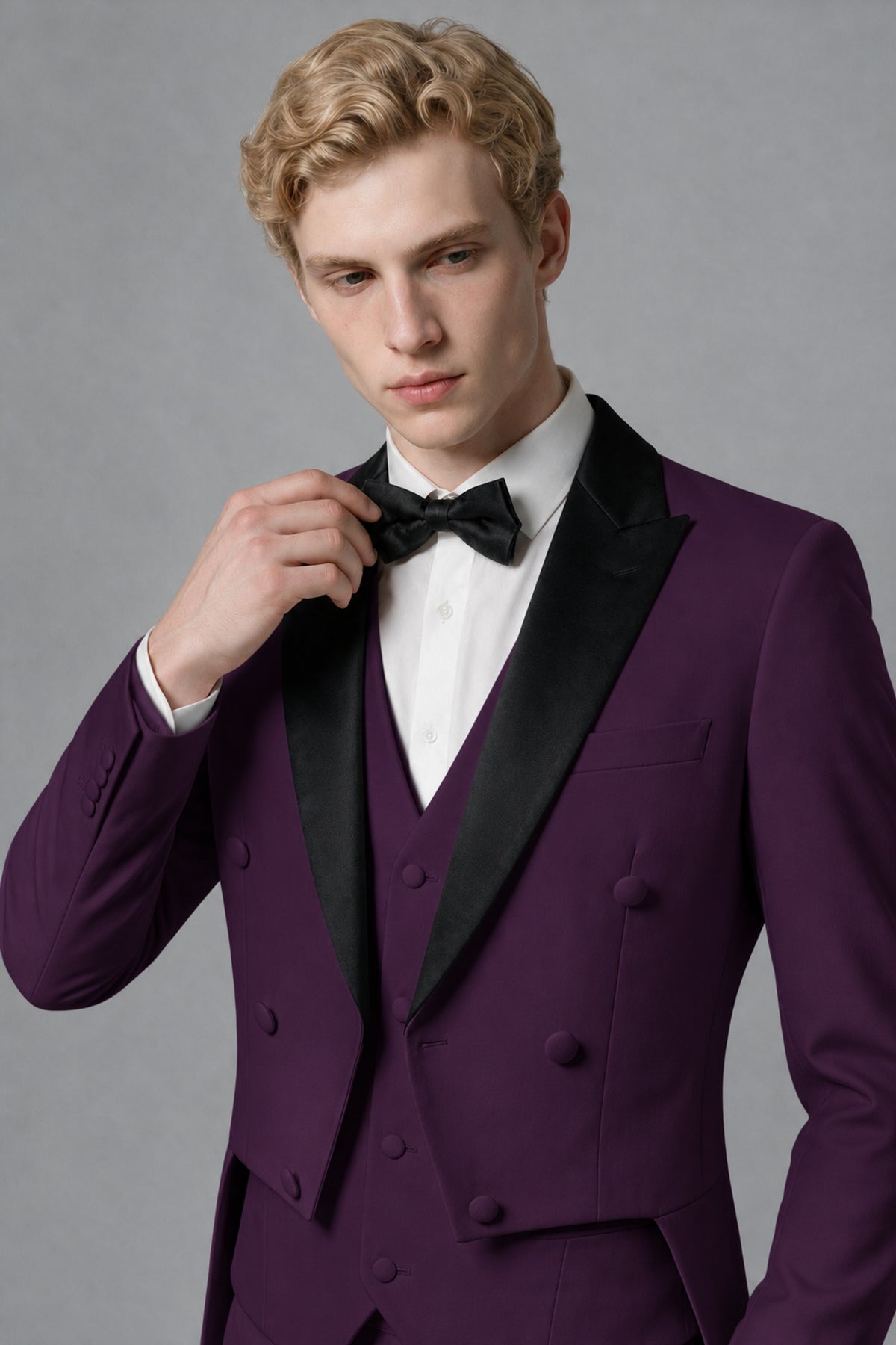 Bolodoo Men's Plum 3-Piece Tailcoat Tuxedo Suit with Vest & Trousers - Plum - Plum_4
