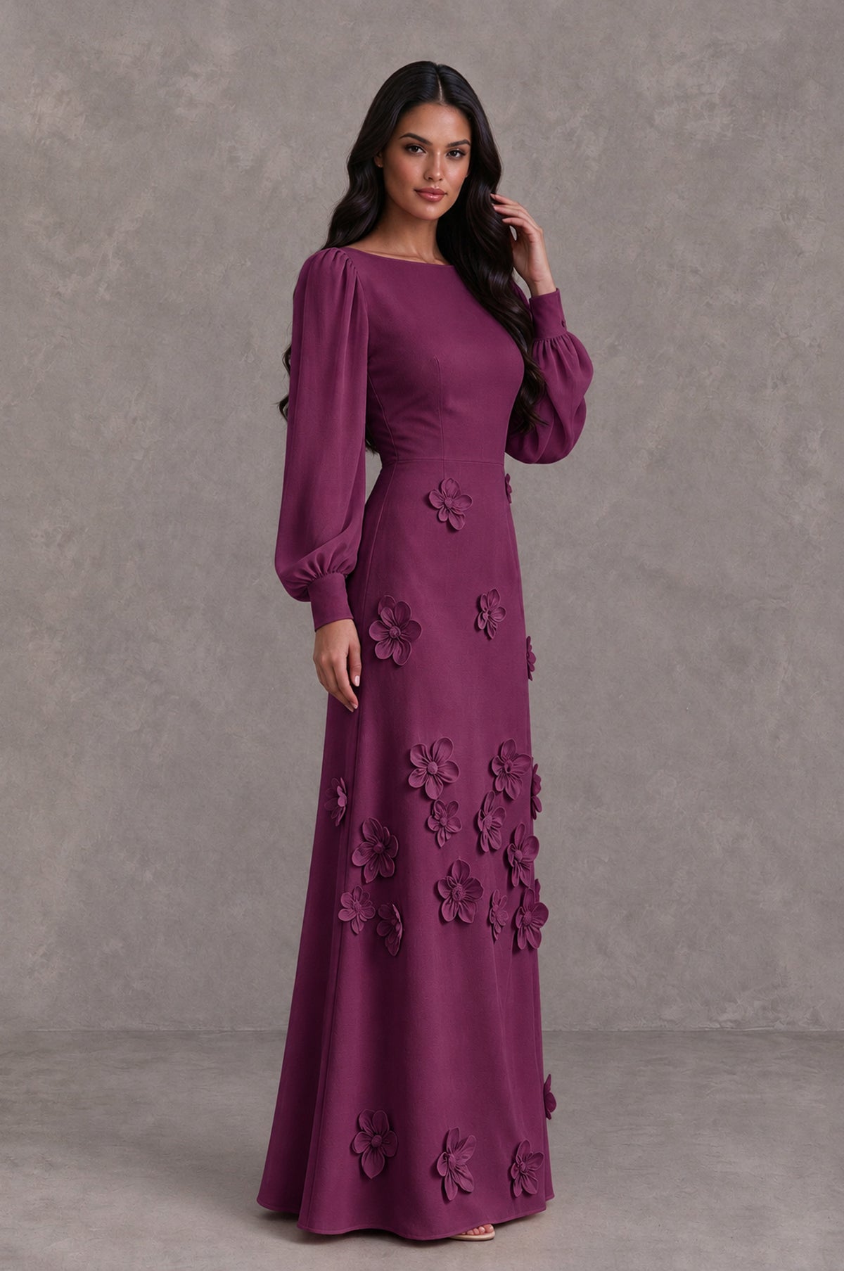 BOLODOO Plum Long Sleeve Floral Applique A-Line Evening Dress - Plum - Plum_4