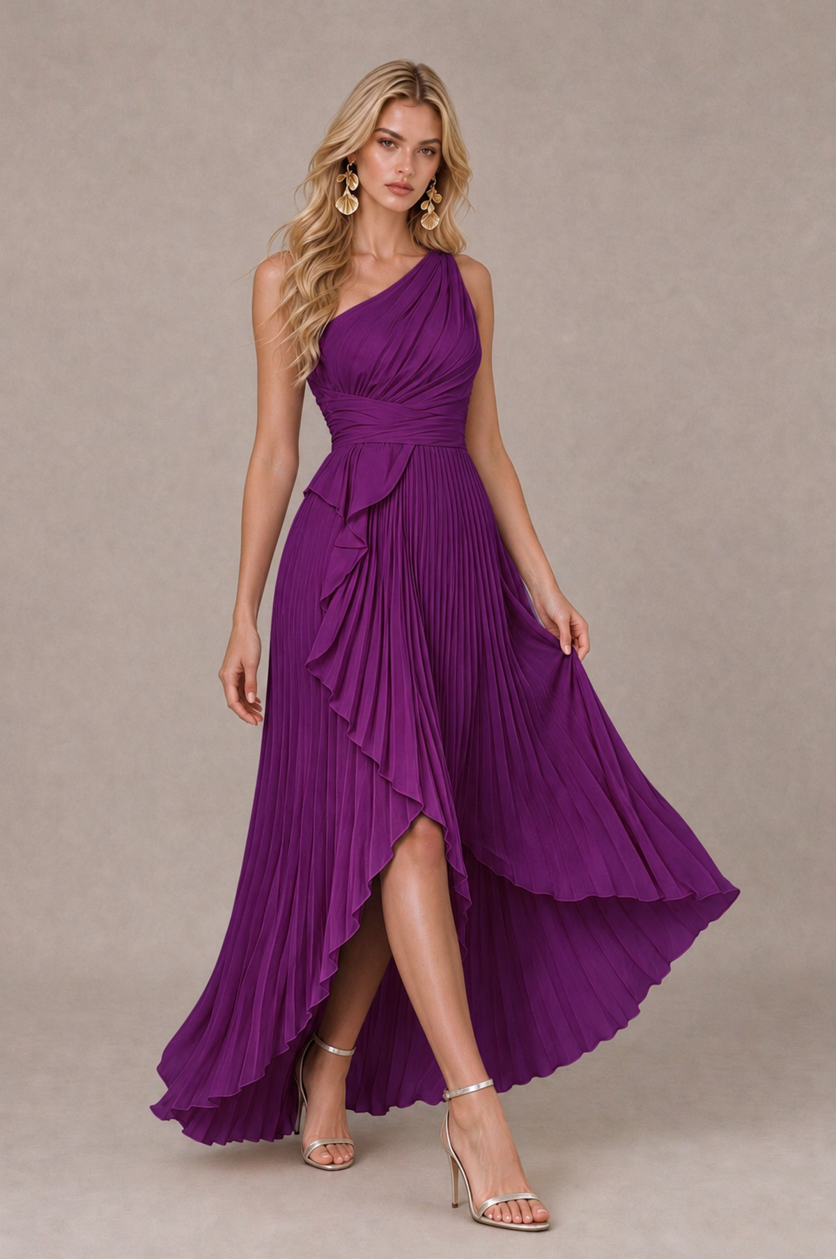 BOLODOO Plum One-Shoulder High-Low Ruffle Maxi Dress - Plum - Plum_4