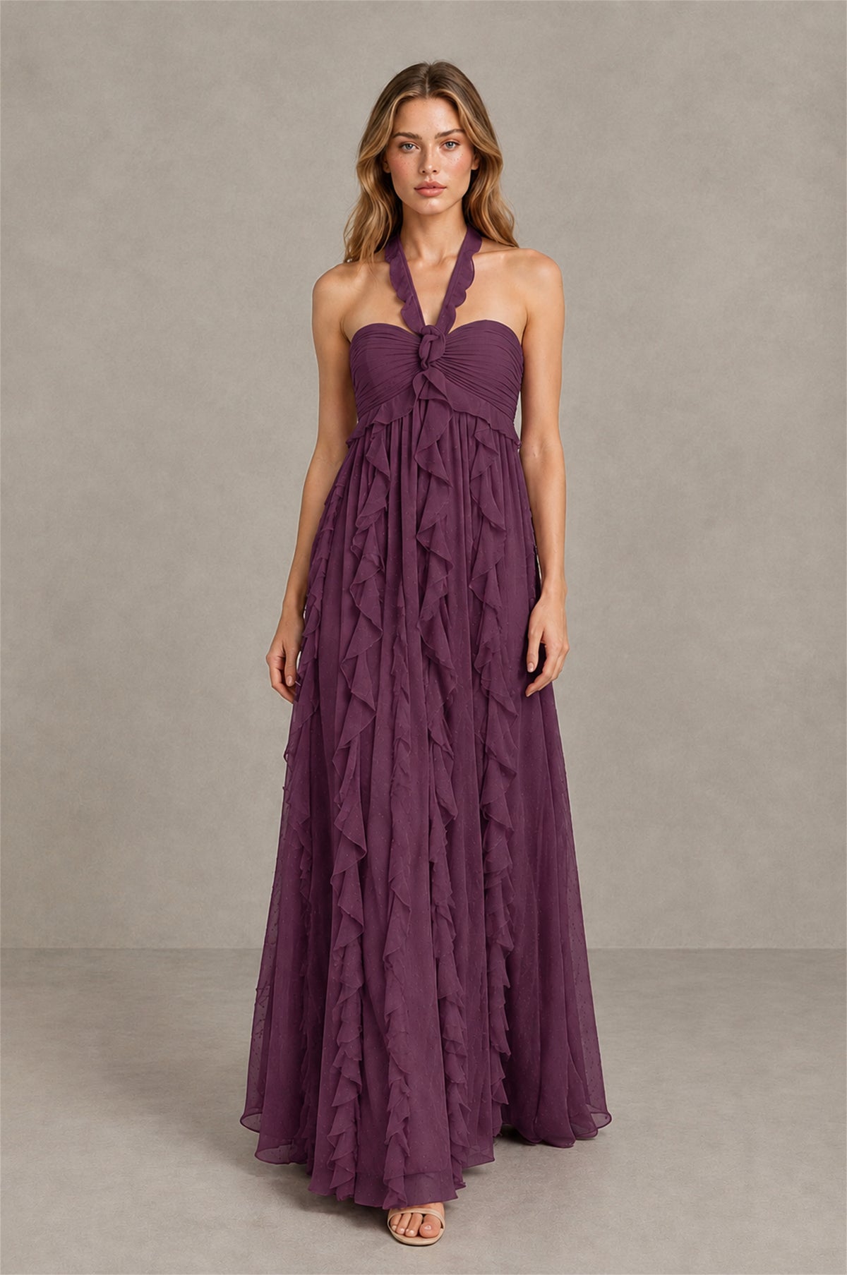 BOLODOO Plum Halter Ruffle A-Line Floor-Length Evening Dress - Plum - Plum_4