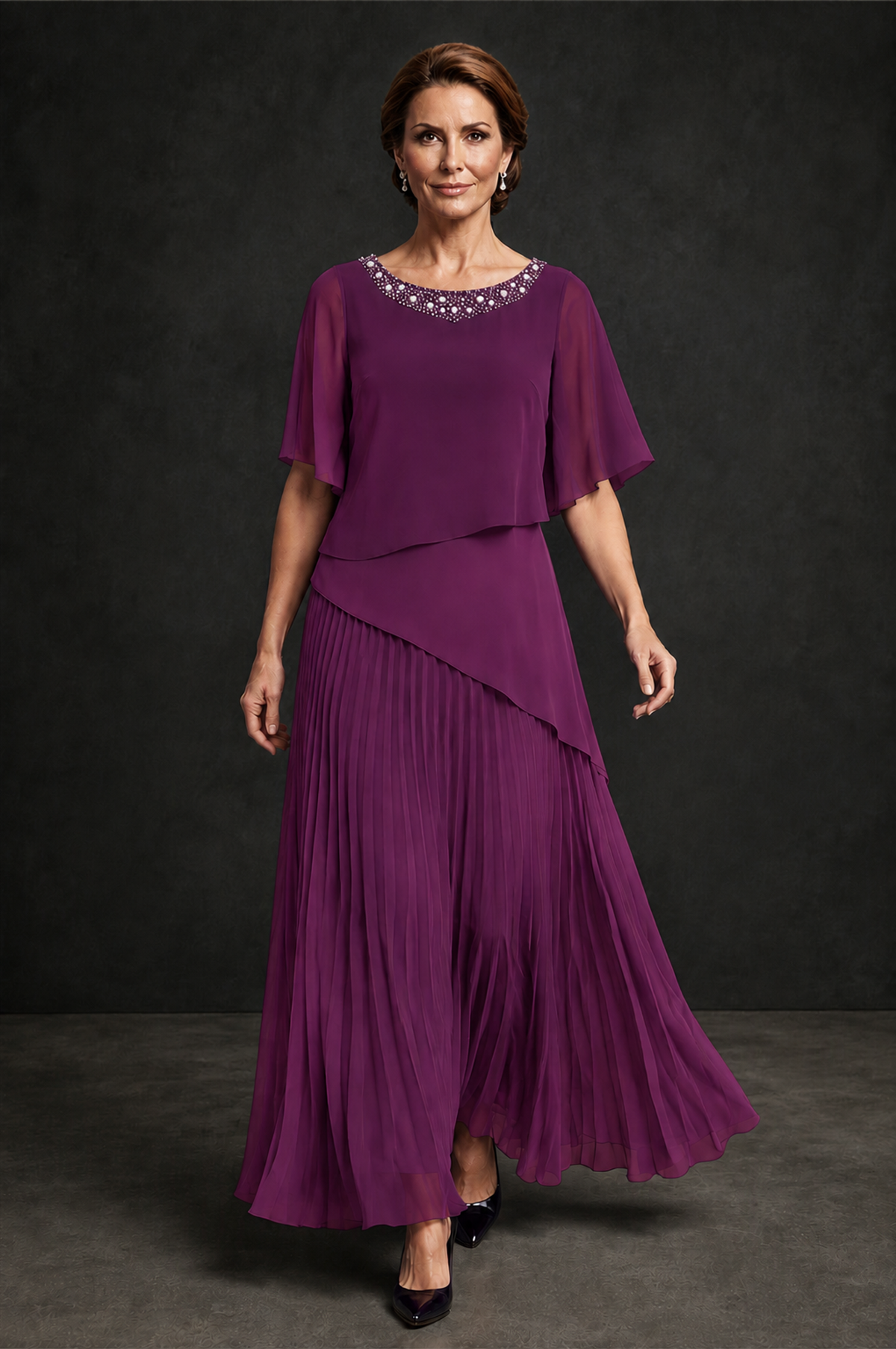BOLODOO Plum Pearl Beaded Neck Asymmetric Tiered Flutter Sleeve Pleated Chiffon Maxi Dress - Plum - Plum_4