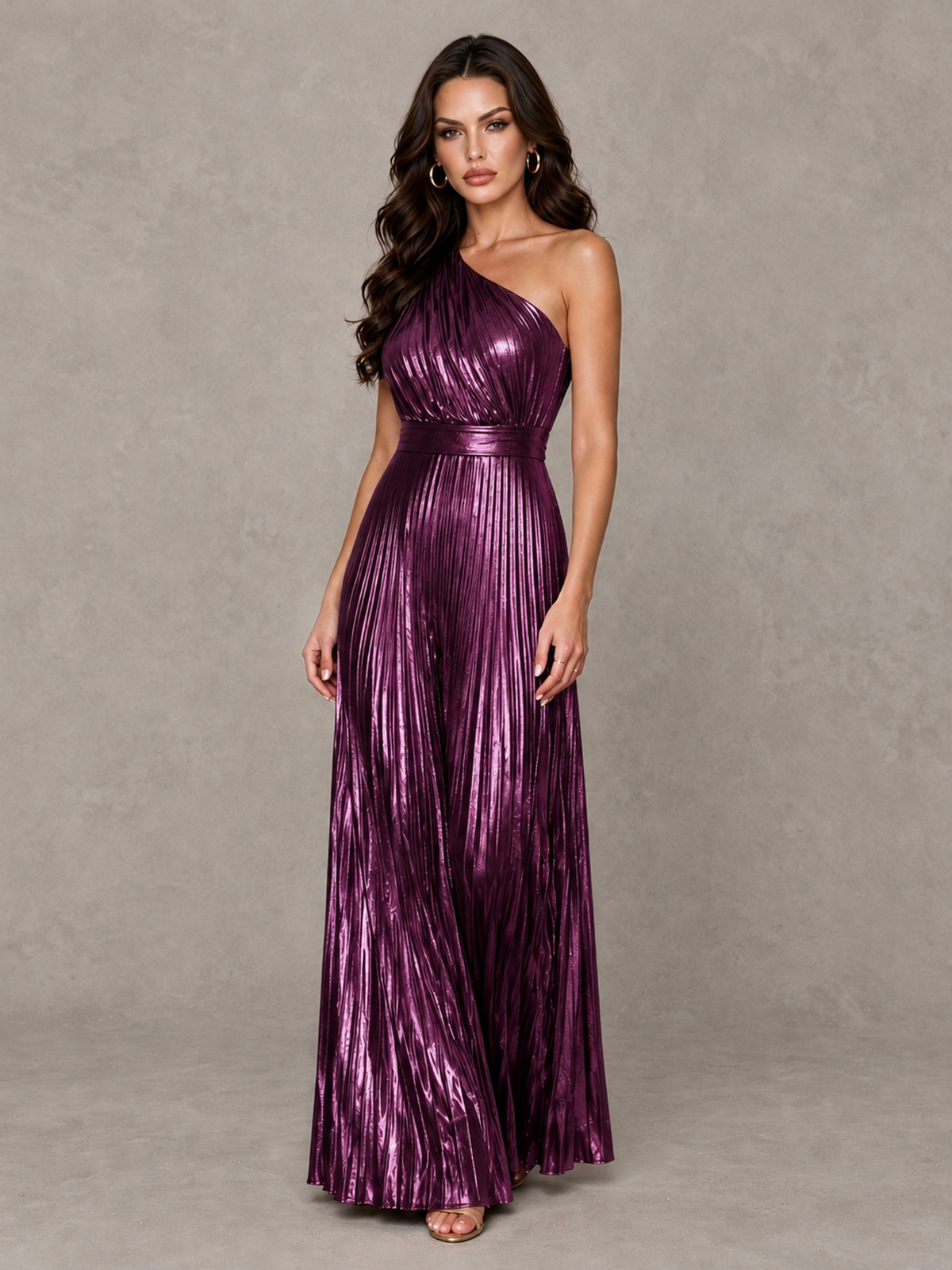 BOLODOO Plum One-Shoulder Metallic Pleated Wide-Leg Jumpsuit - Plum - Plum_4