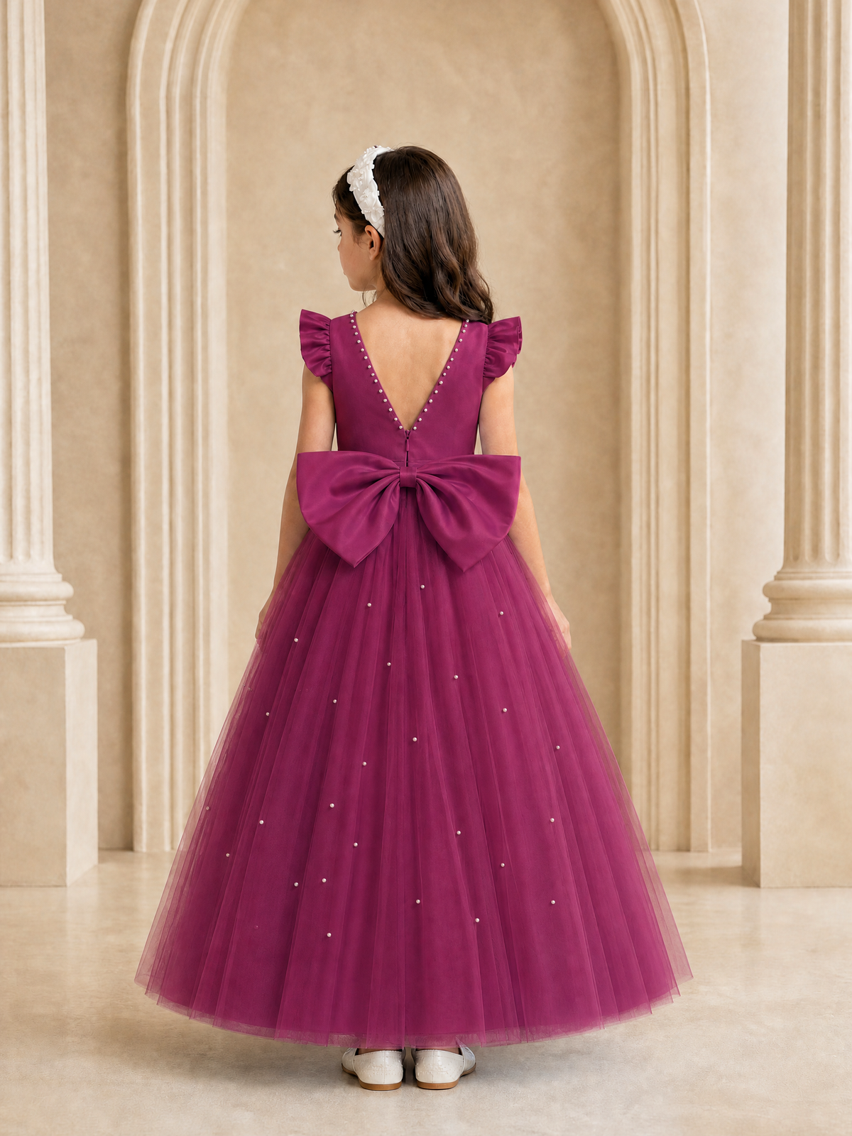 BOLODOO Plum Tulle Flower Girl Dress with Ruffle Sleeves & Bow Back - Plum - Plum_4