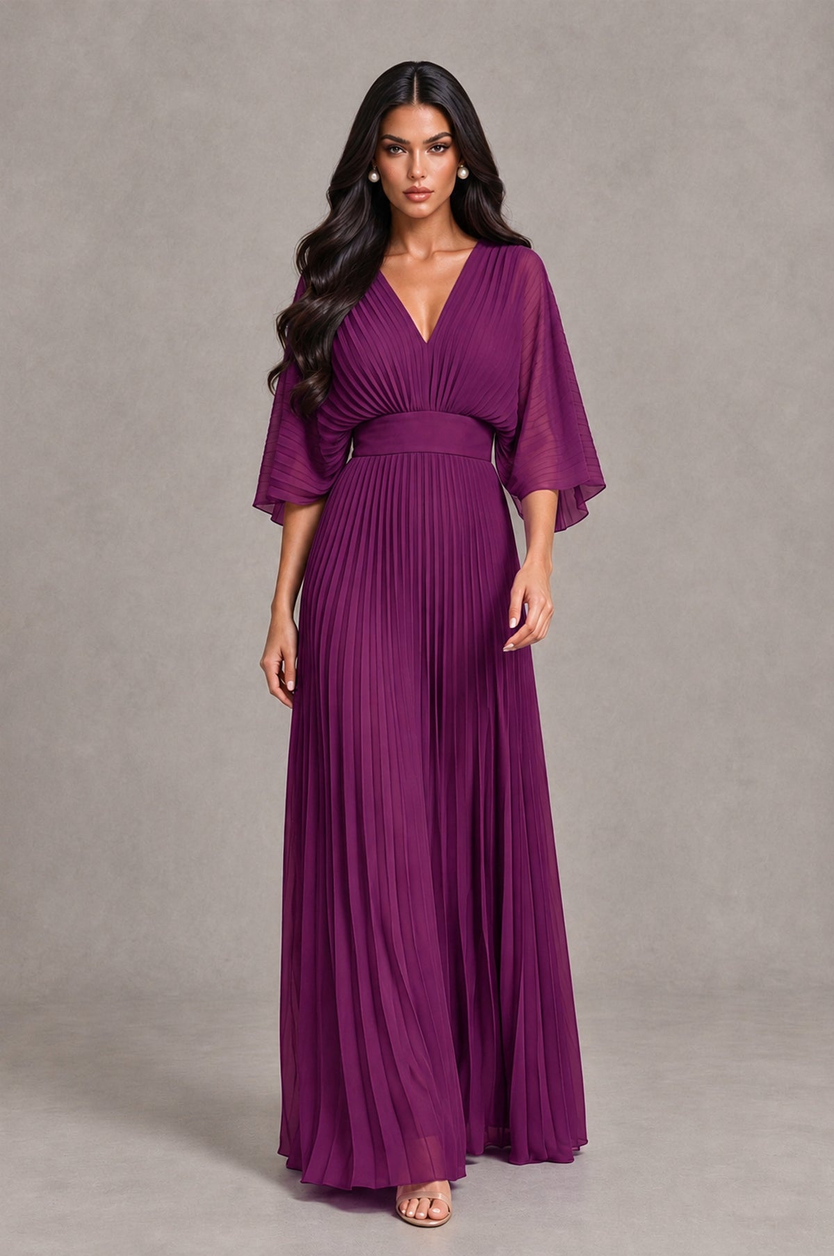 BOLODOO Plum V-Neck Pleated Flutter Sleeve Formal Dress - Plum - Plum_4