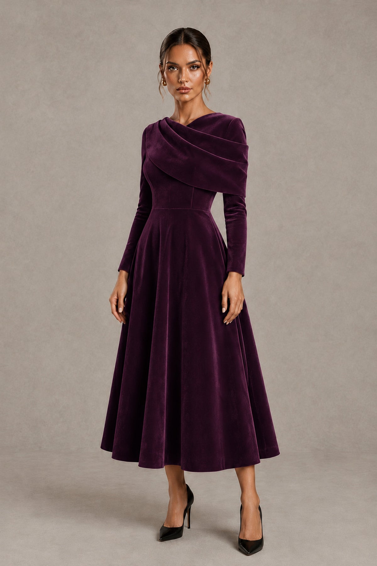 BOLODOO Plum Velvet-Look Long Sleeve Tea-Length A-Line Dress with Draped Neckline - Plum - Plum_4