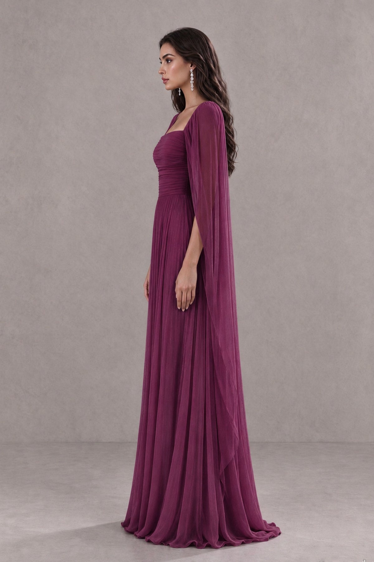BOLODOO Plum Square Neck Cape Sleeve A-Line Evening Dress - Plum - Plum_4