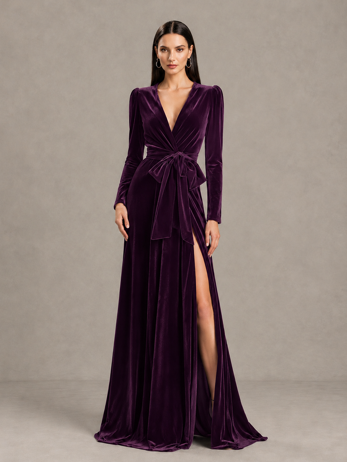 BOLODOO Plum Long Sleeve Velvet-Look Evening Dress with High Slit - Plum - Plum_4