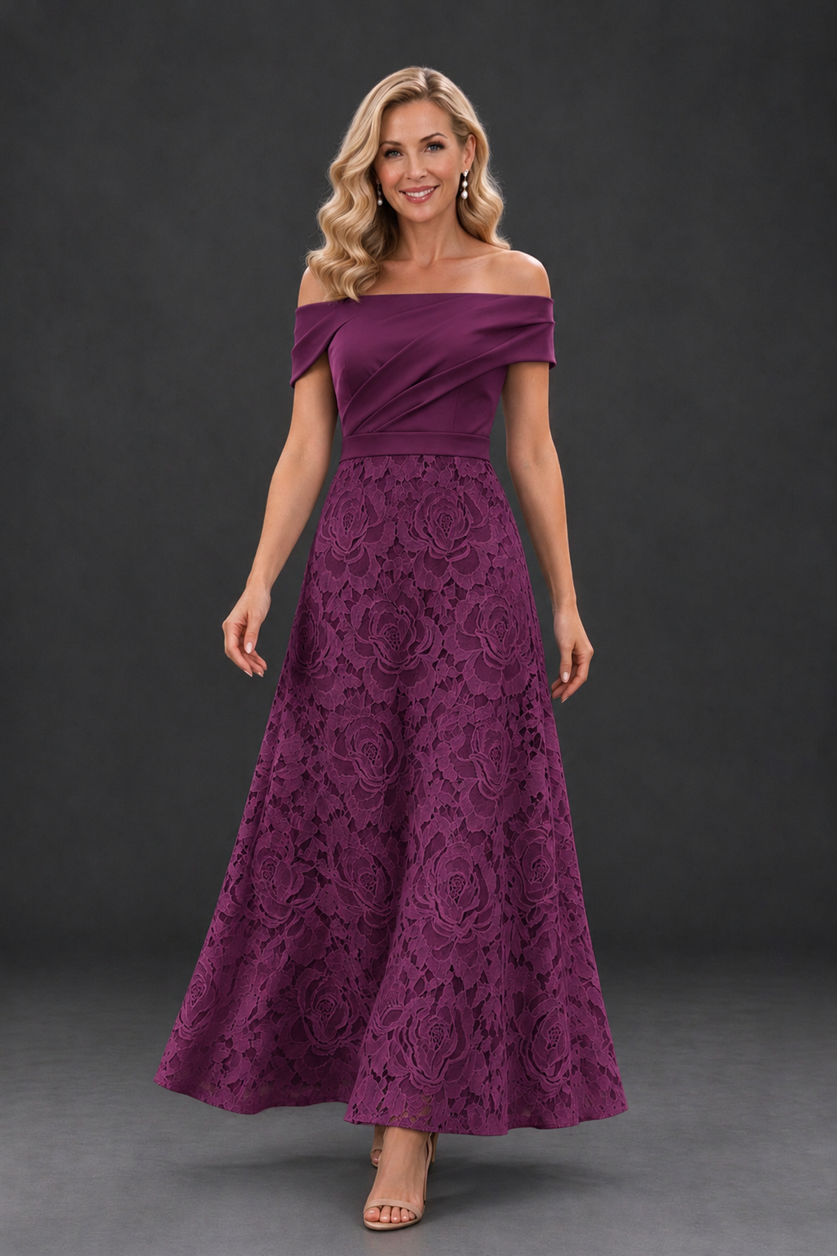 BOLODOO Plum Off-the-Shoulder Floral A-Line Mother of the Bride Dress - Plum - Plum_4