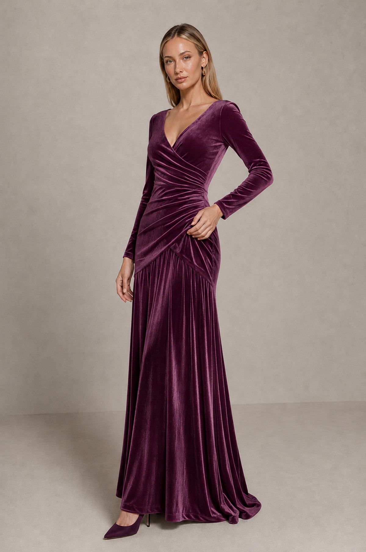 BOLODOO Plum Velvet Long Sleeve V-Neck Ruched Evening Dress - Plum - Plum_4