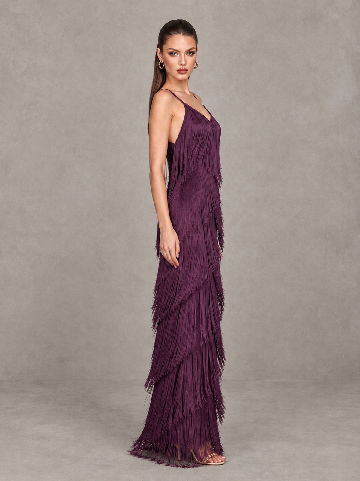 BOLODOO Plum V-Neck Spaghetti Strap Fringe Maxi Evening Dress - Plum - Plum_4