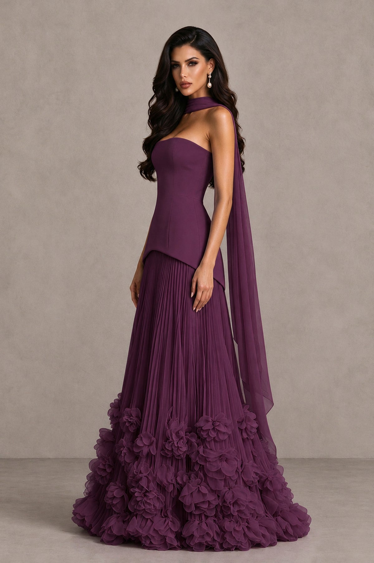 BOLODOO Plum Strapless Pleated Floral Hem Evening Gown - Plum - Plum_4