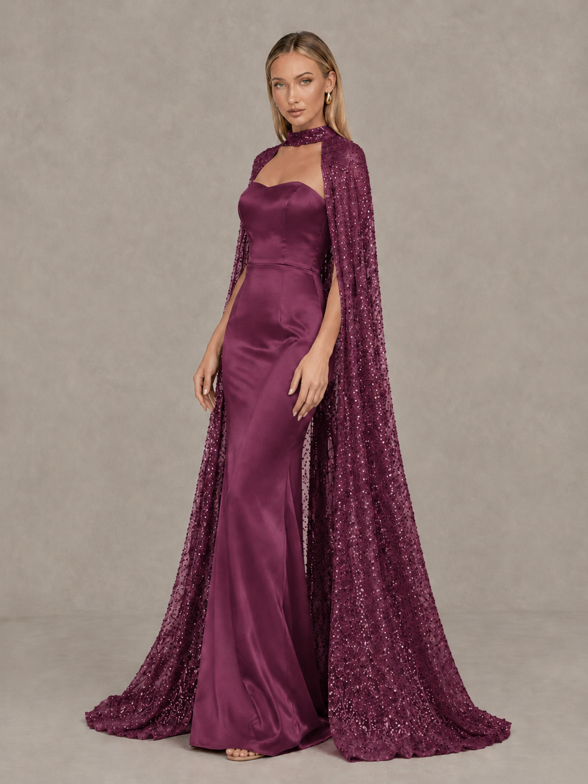 BOLODOO Plum Strapless Satin-Look Evening Gown with Sequin Cape - Plum - Plum_4