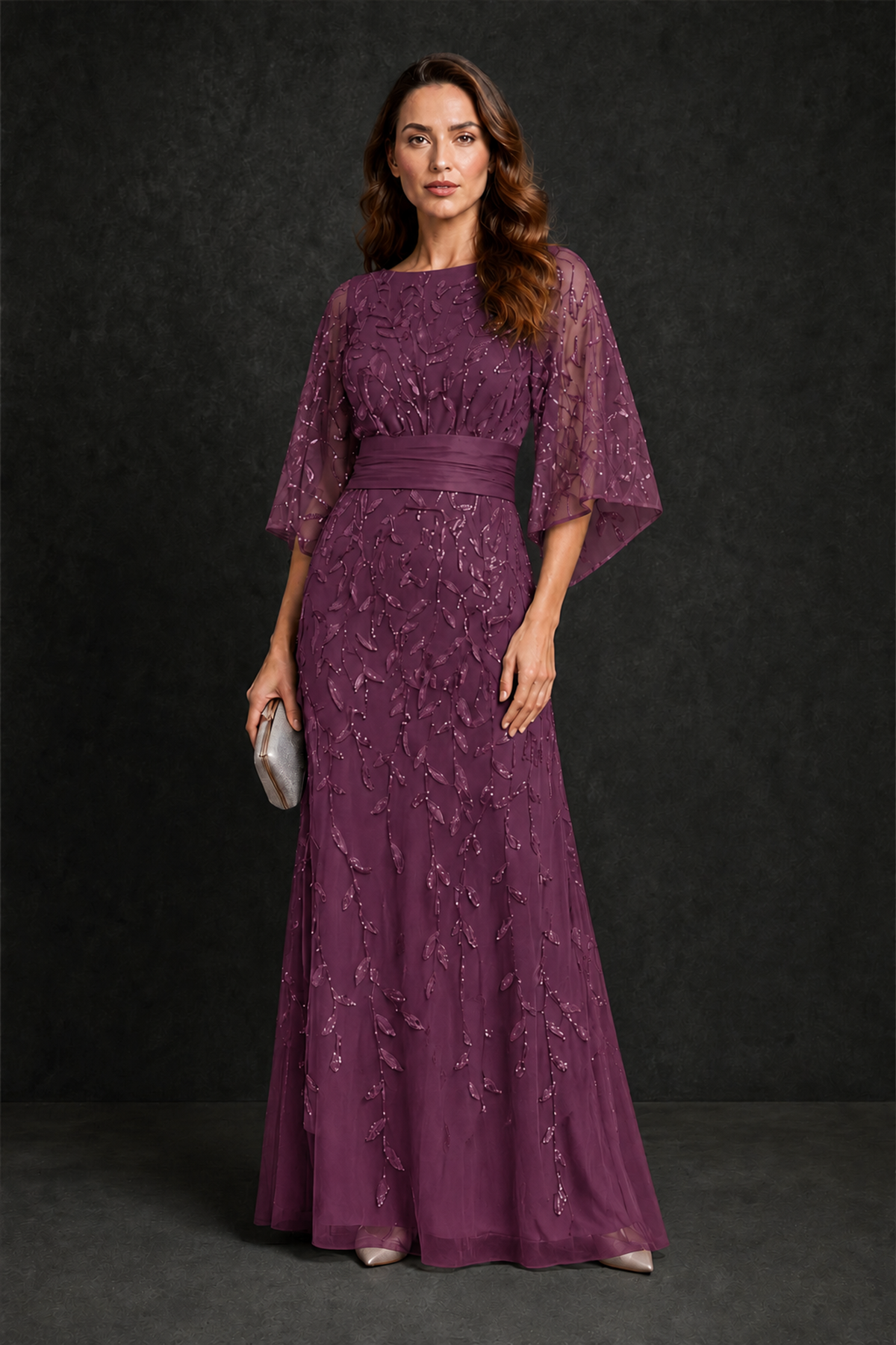 BOLODOO Plum Bateau Neck Bell Sleeve Sequin Embroidered Satin Waist A-Line Maxi Dress - Plum - Plum_4