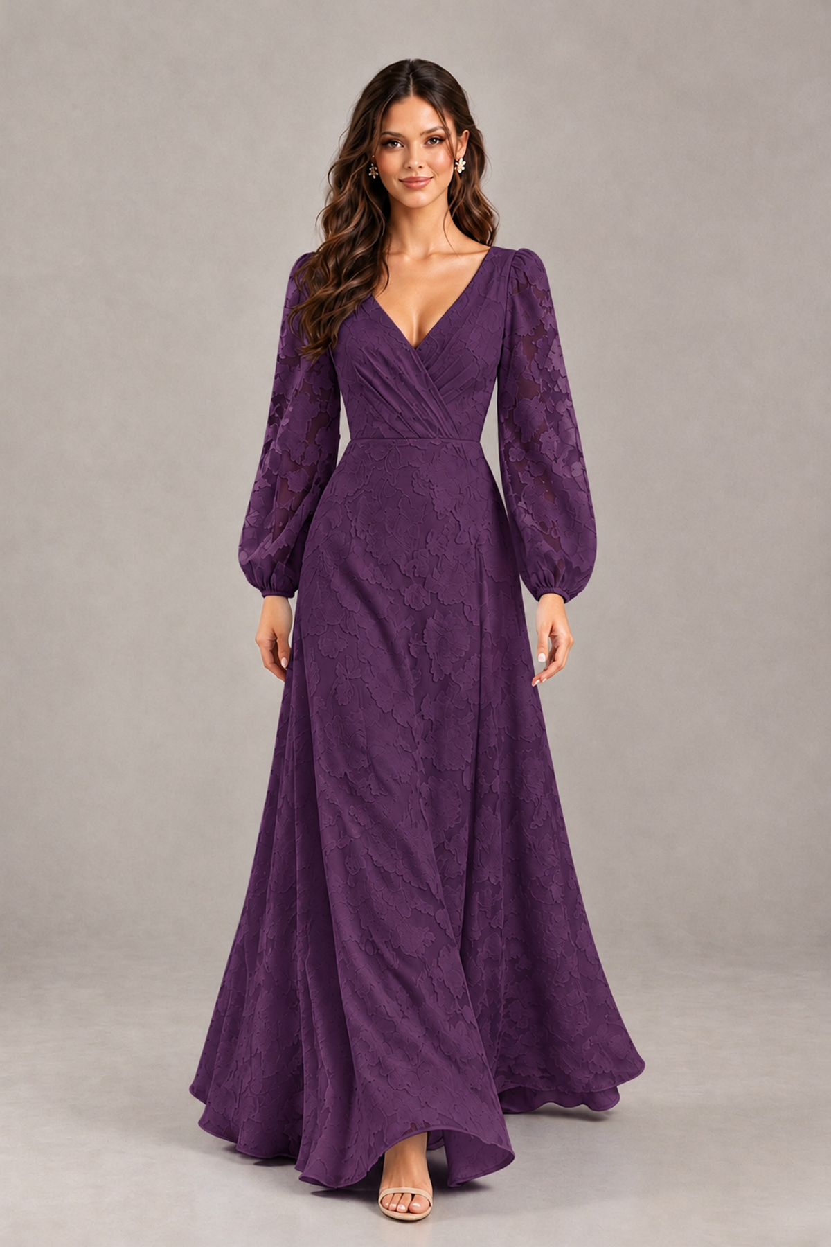 BOLODOO Plum Long Sleeve V-Neck A-Line Mother of the Bride Dress - Plum - Plum_4