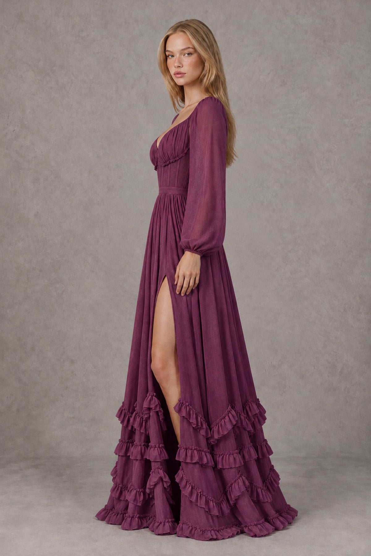 Plum Long-Sleeve Ruffle Maxi Dress with Lace-Up Back and Slit - Plum
