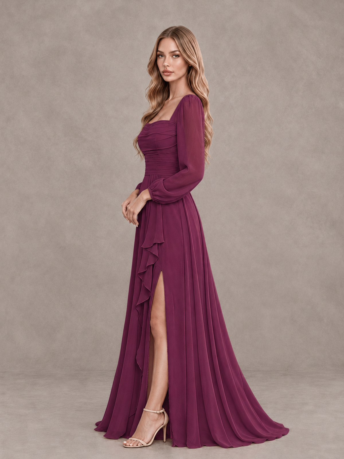 BOLODOO Plum Square Neck Long Sleeve Bridesmaid Dress with Ruffle Slit - Plum - Plum_4