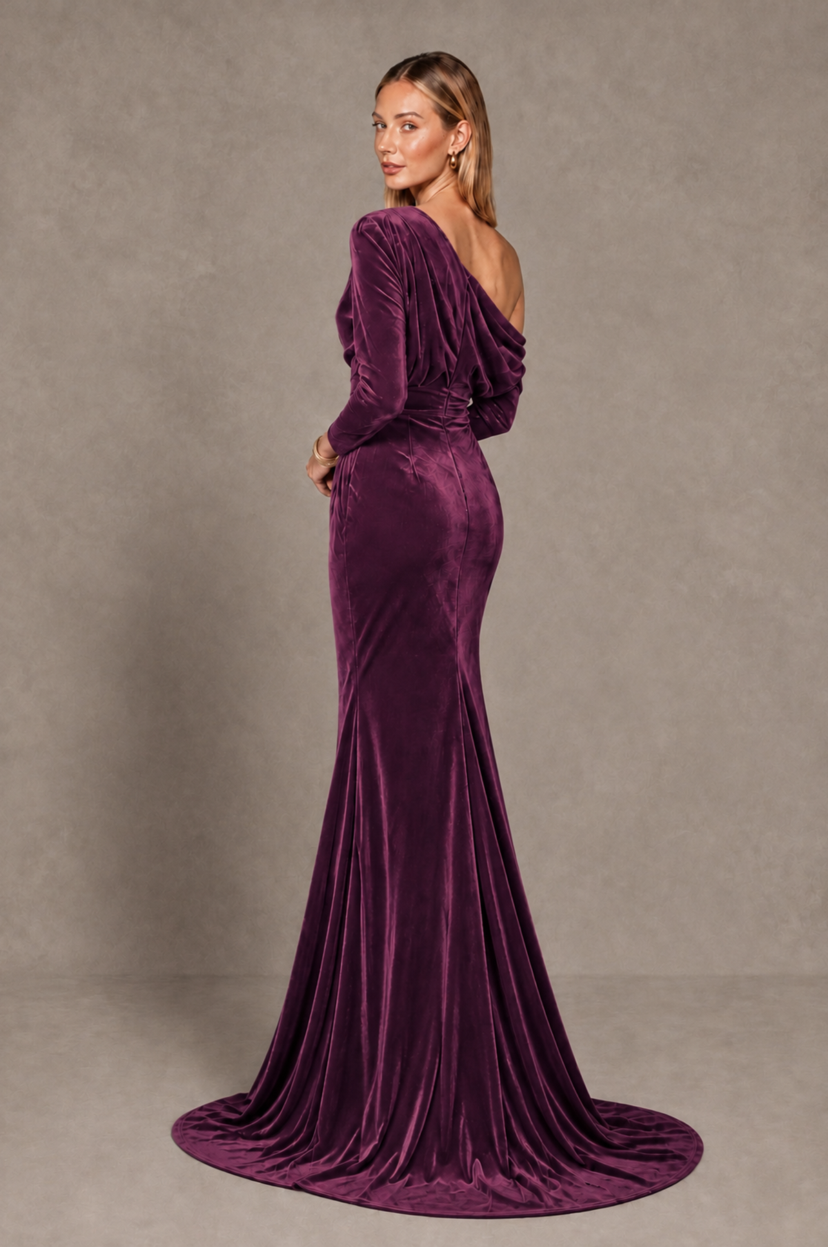 BOLODOO Plum Velvet Asymmetric Neck Mermaid Evening Dress - Plum - Plum_4