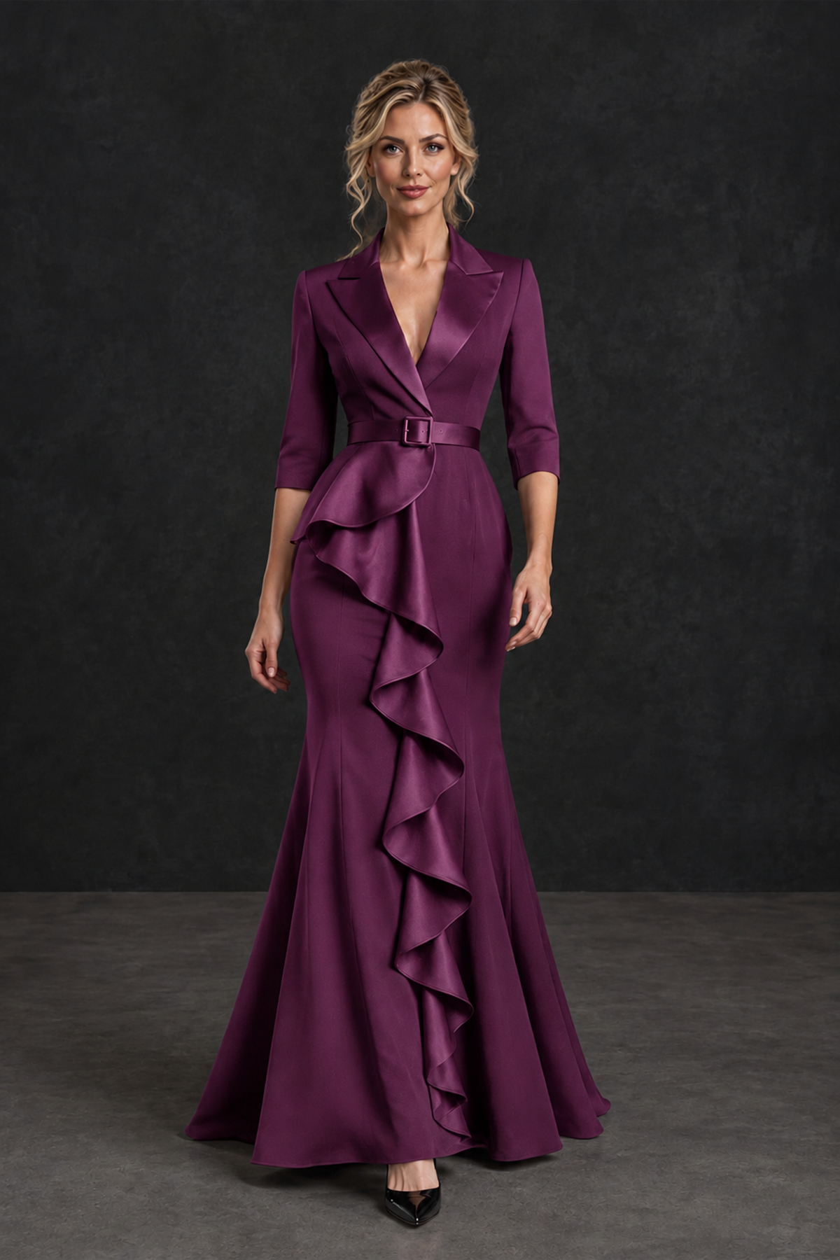 BOLODOO Plum Lapel Ruffle Mother of the Bride Dress with Belt - Plum - Plum_4