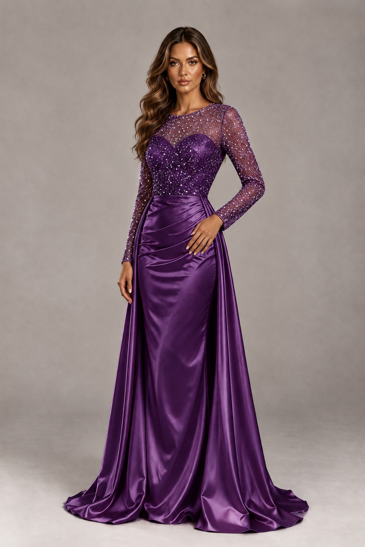 BOLODOO Plum Long Sleeve Embellished Satin Evening Gown with Sweep Train - Plum - Plum_4