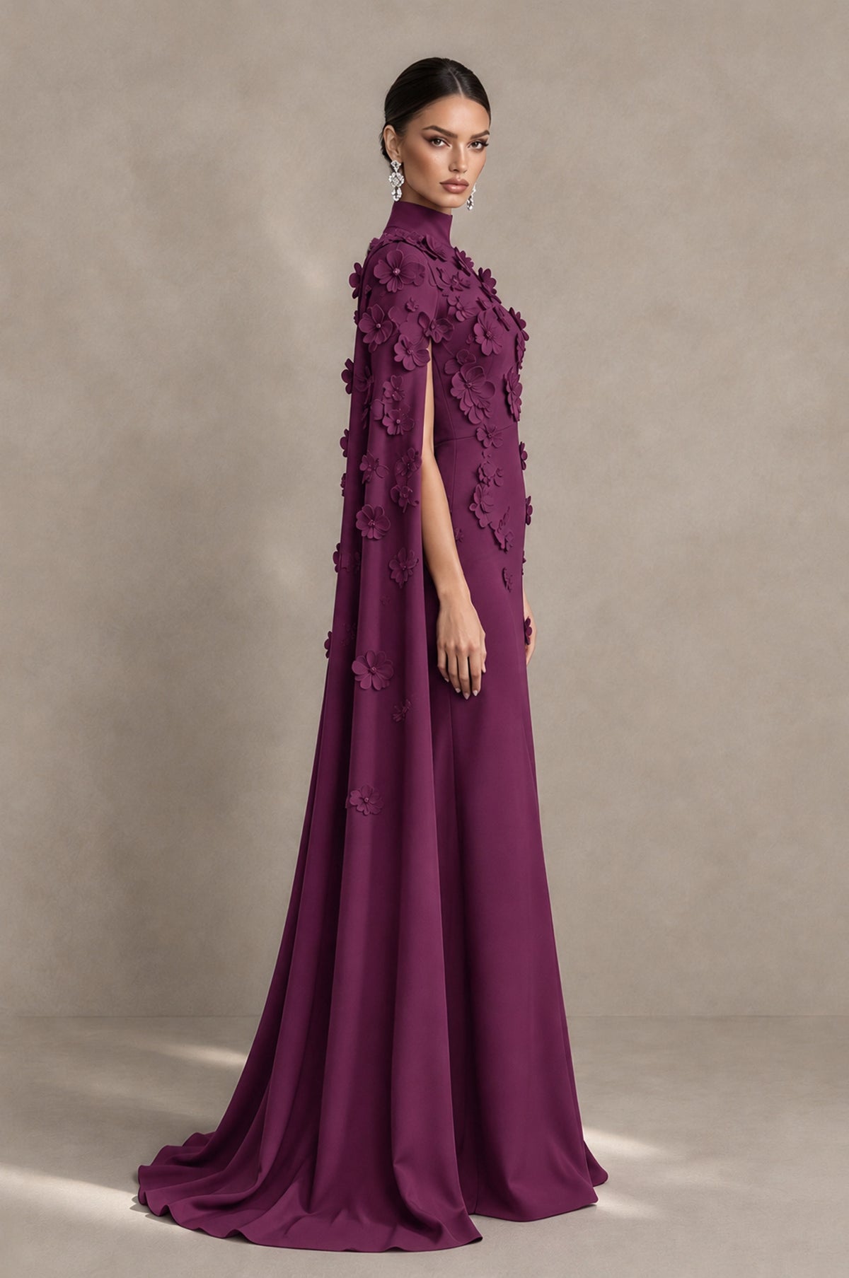 BOLODOO Plum 3D Floral Applique Cape Formal Dress - Plum - Plum_4