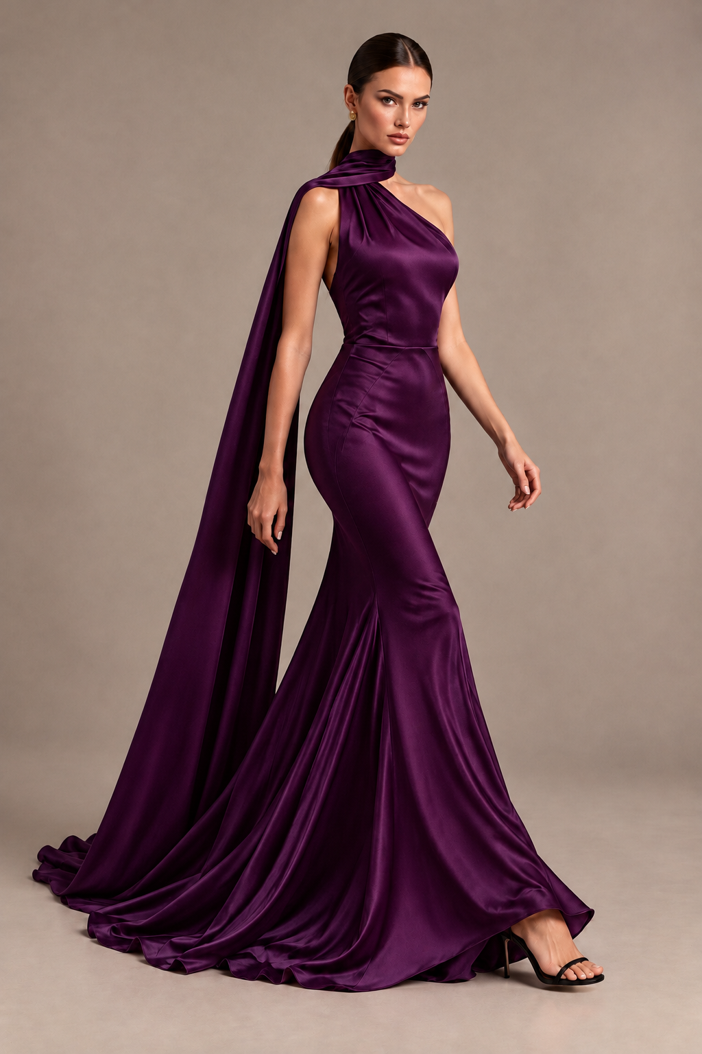 BOLODOO Plum One-Shoulder Satin Mermaid Evening Dress with Scarf - Plum - Plum_4