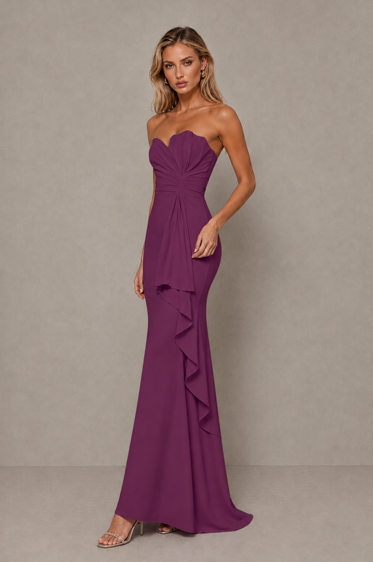 BOLODOO Plum Strapless Sweetheart Ruched Mermaid Gown | Cascade Drape Formal Evening Dress - Plum - Plum_4