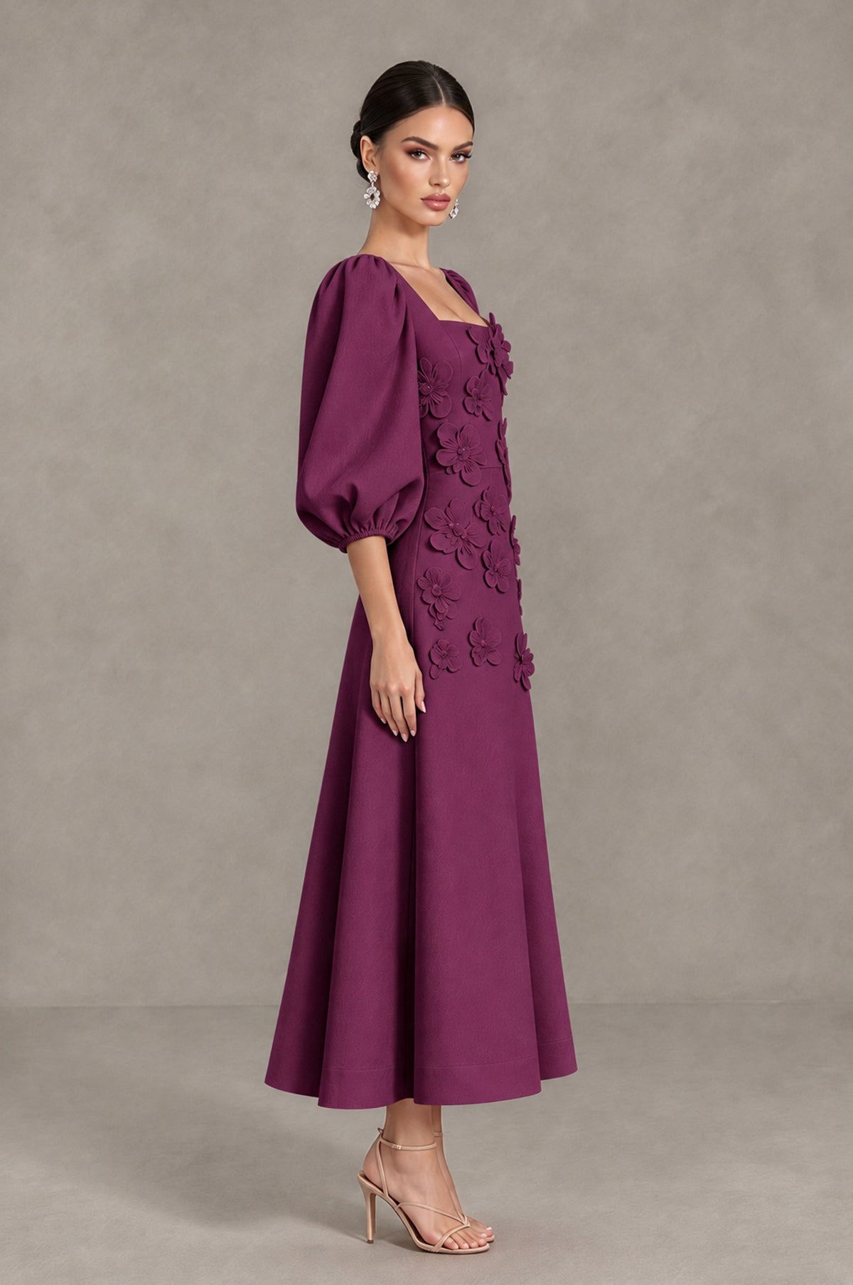 BOLODOO Plum 3D Floral Puff Sleeve Midi Cocktail Dress - Plum - Plum_4