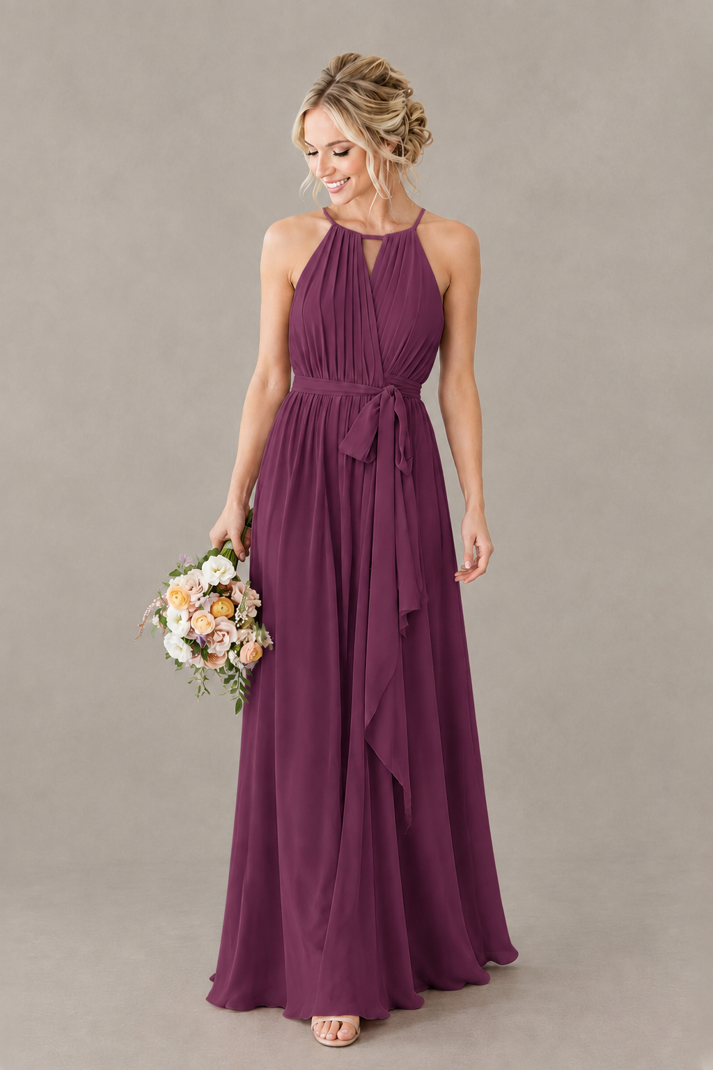 BOLODOO Plum Halter Chiffon Bridesmaid Dress with High Slit - Plum