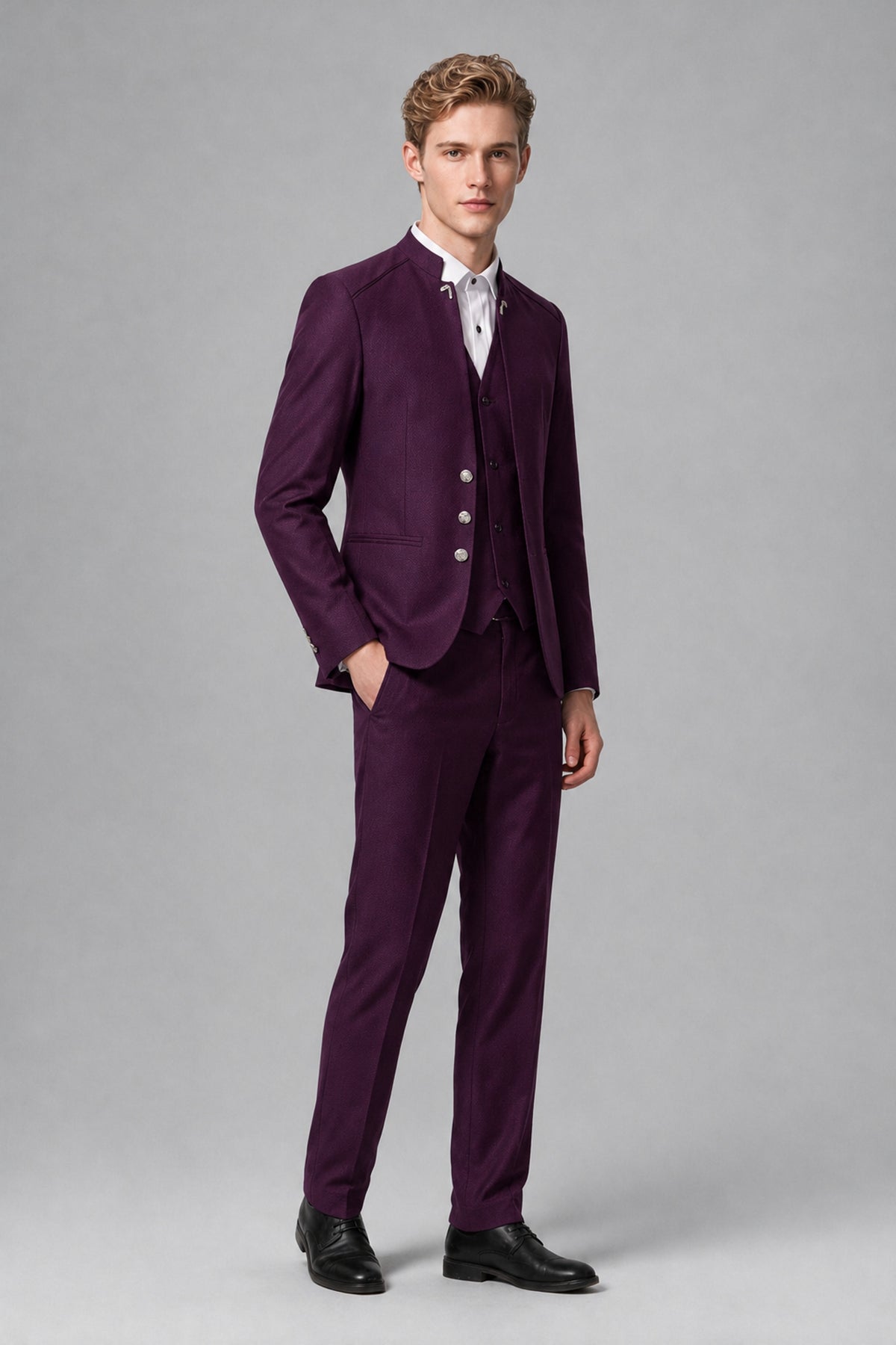 Bolodoo Men's Plum Mandarin Collar 3-Piece Suit – Jacket, Vest & Trousers - Plum - Plum_4