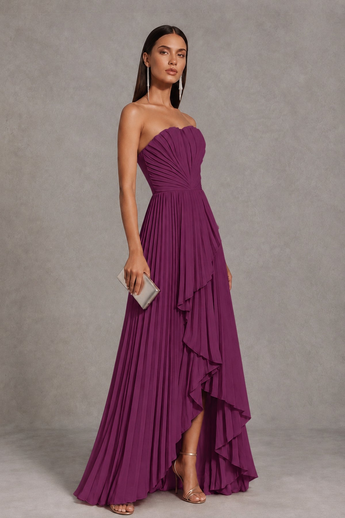Plum Strapless Pleated High-Low Evening Gown with Ruffle Hem - Plum