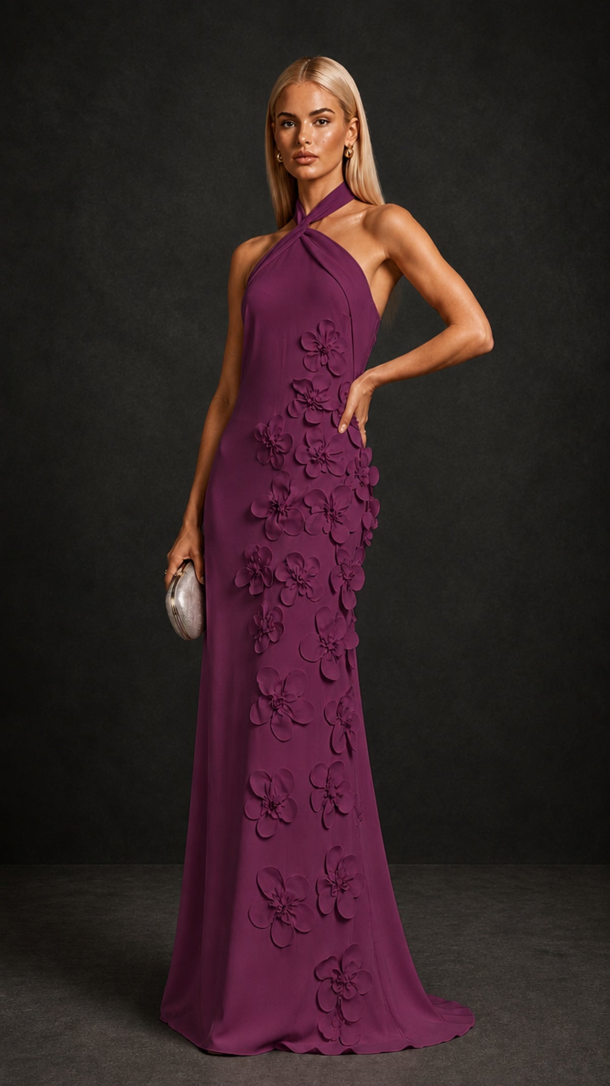 BOLODOO Plum Cross Halter Neck 3D Floral Appliqué Backless Mermaid Maxi Gown - Plum