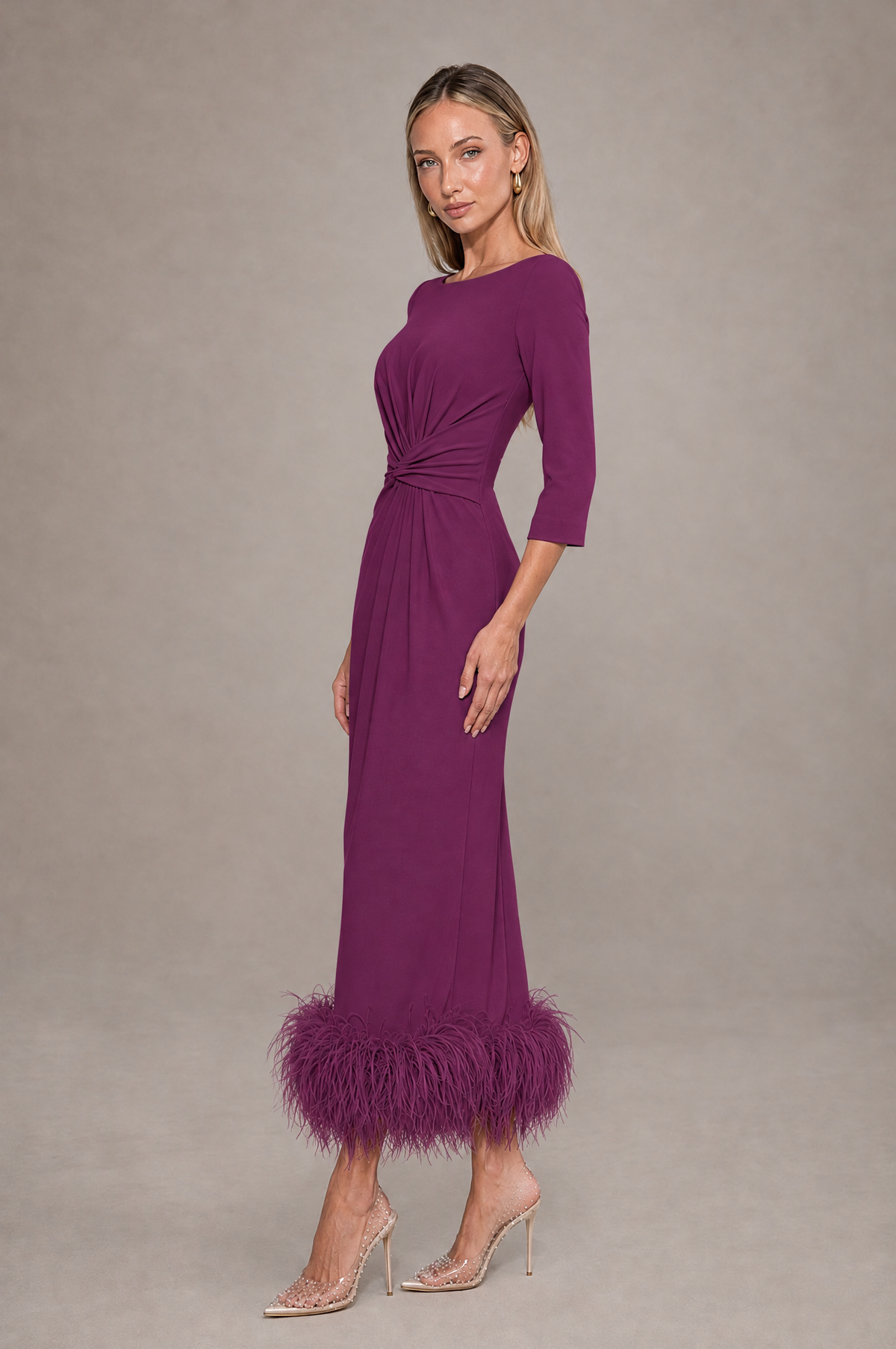 BOLODOO Plum Feather-Trim Twist-Waist Midi Dress - Plum - Plum_4