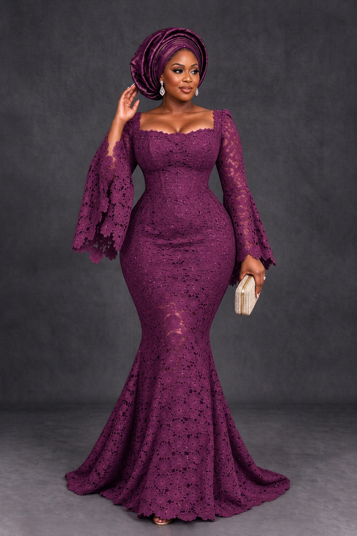 BOLODOO Plum African Lace Mermaid Dress, Plus Size Nigerian Wedding Guest Gown with Bell Sleeves - Plum - Plum_4
