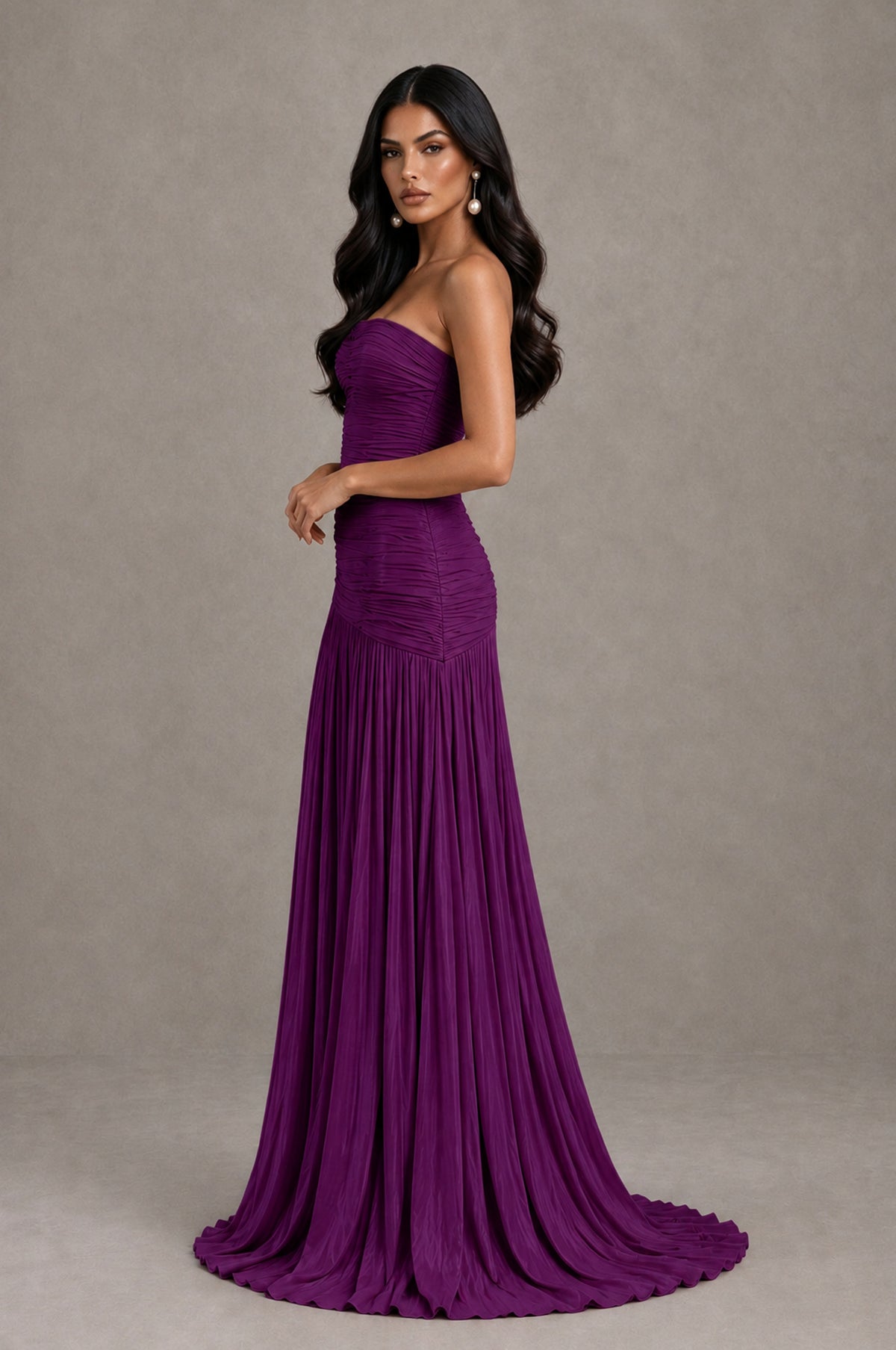 BOLODOO Plum Metallic Ruched Strapless Pleated A-Line Backless Maxi Dress with Train - Plum - Plum_4